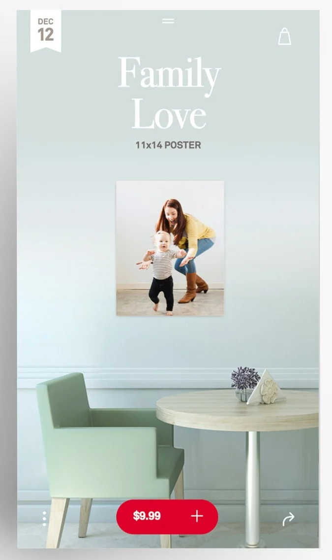 The core piece, shipped: a date trigger surfaces a moment, Family Love, and the customer's own photo is loaded onto a Kodak product, an 11x14 poster, by image recognition and Facebook tags.