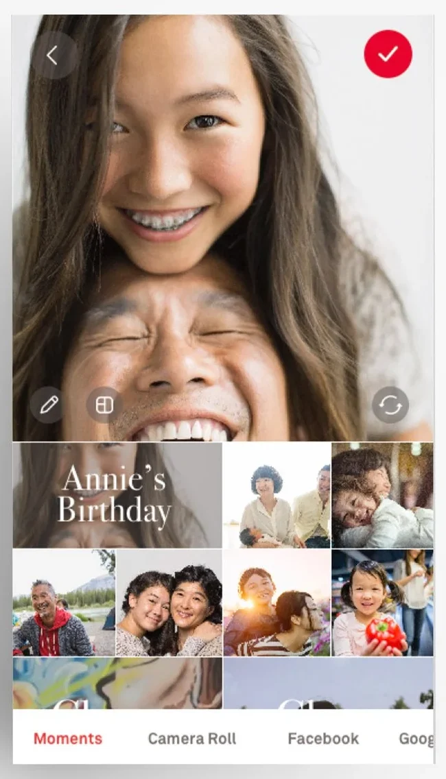 Placing a photo in a moment: the scrollable moment roll, the photo source (Moments, Camera Roll, Facebook, Google), edit or randomize.