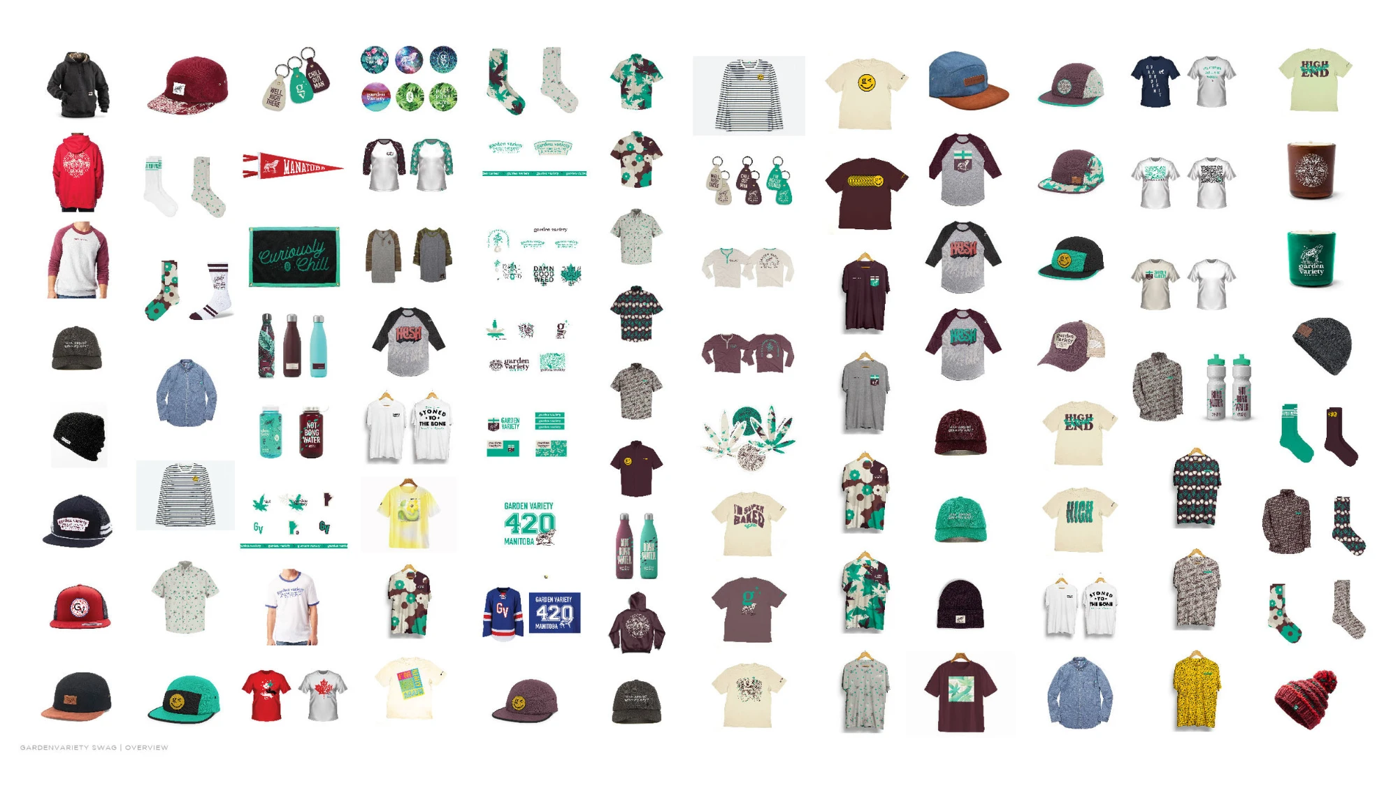 The merchandise program as designed: apparel, headwear, socks, bottles, bags, and accessories.