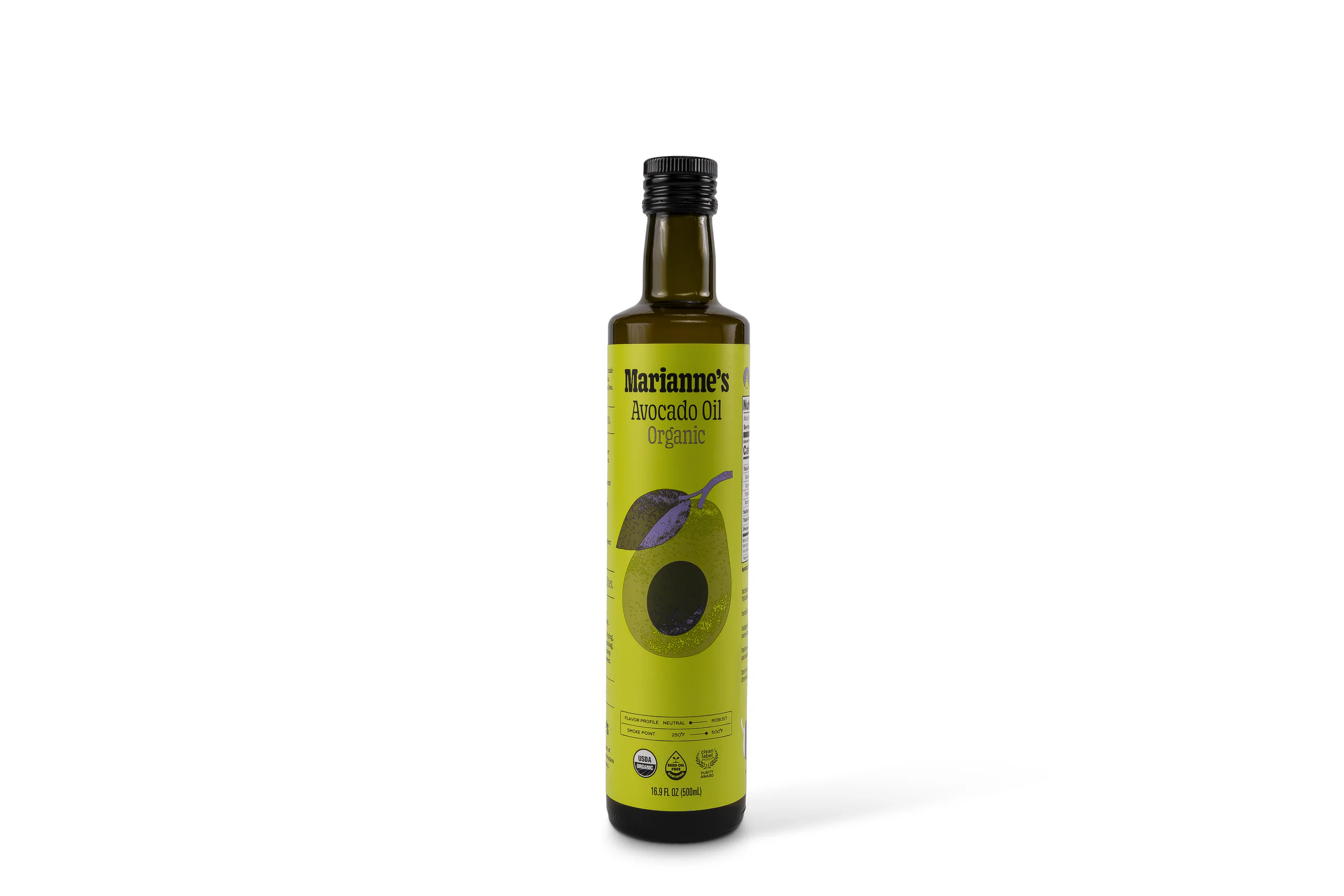 The avocado oil bottle photographed on white