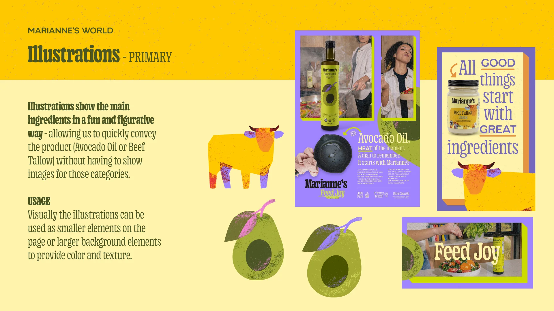 The illustrations page of the brand deck: a cow and an avocado drawn in flat colour beside the bottles