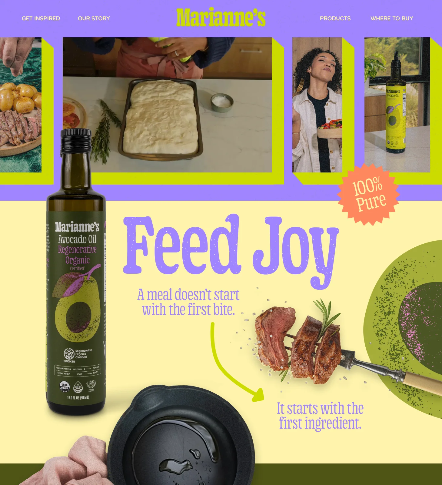 The website: the shoot stills, Feed Joy in violet slab type, the first ingredient.
