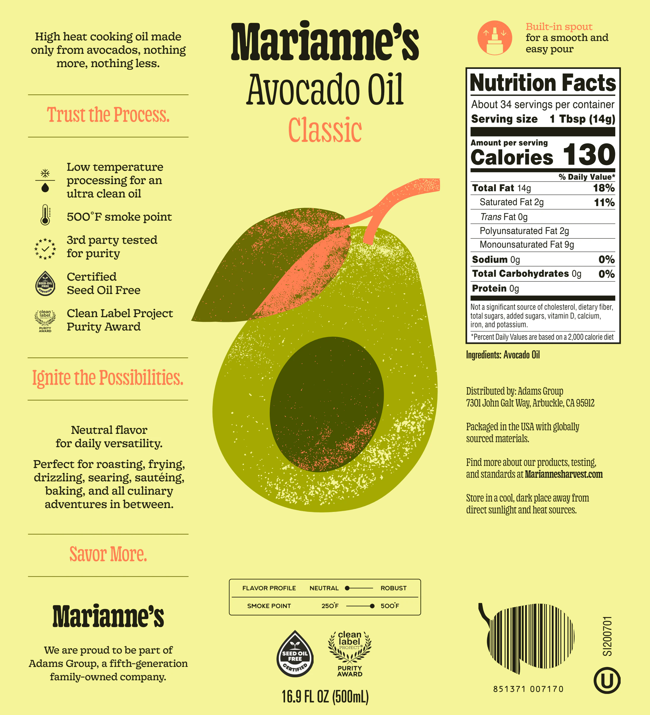 The Avocado Oil Classic label: an avocado illustration with coral accents on the yellow-green label ground, nutrition facts to the right