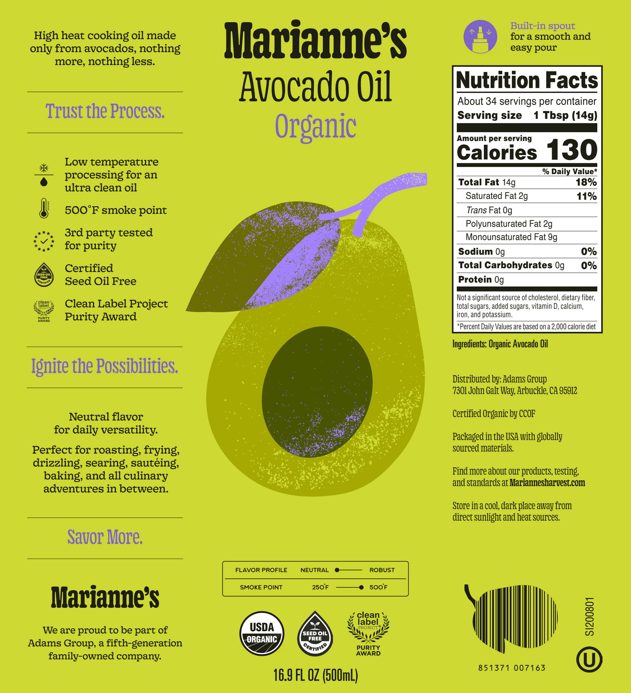 The Avocado Oil Organic label: the same avocado illustration with violet accents