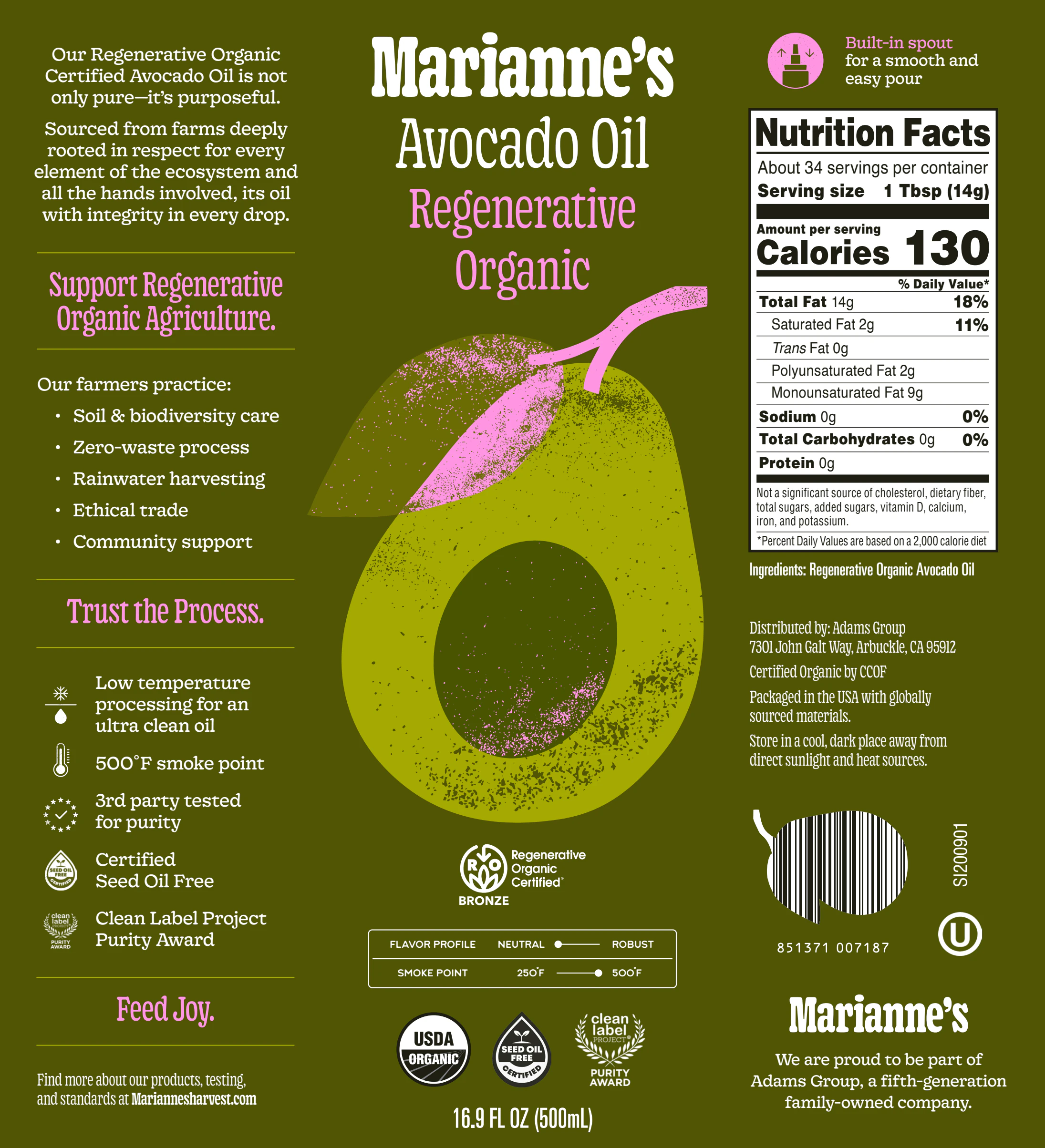 The Avocado Oil Regenerative Organic label on deep olive with pink accents, the only one of the five that carries Feed Joy