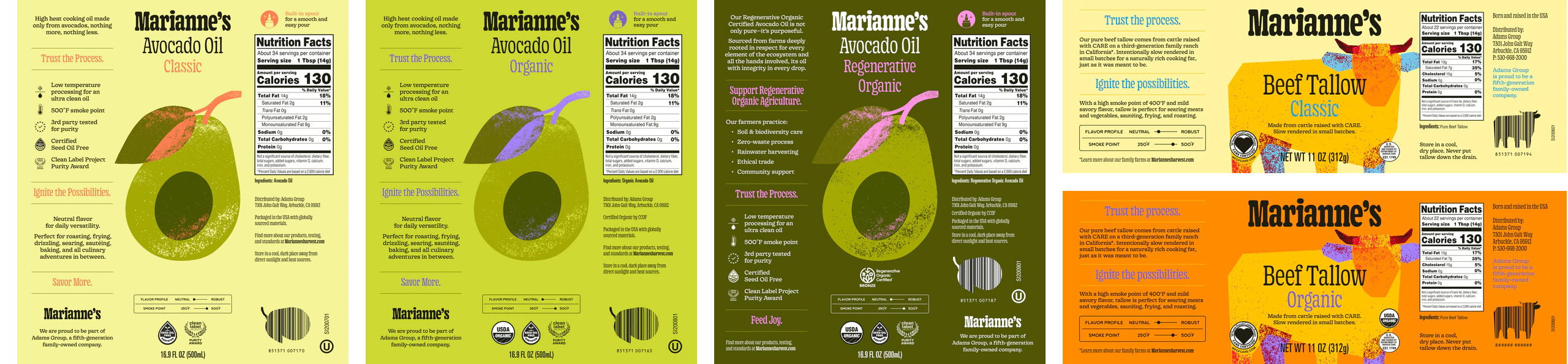 The five labels in a row: Avocado Oil Classic, Organic and Regenerative Organic, Beef Tallow Classic and Organic