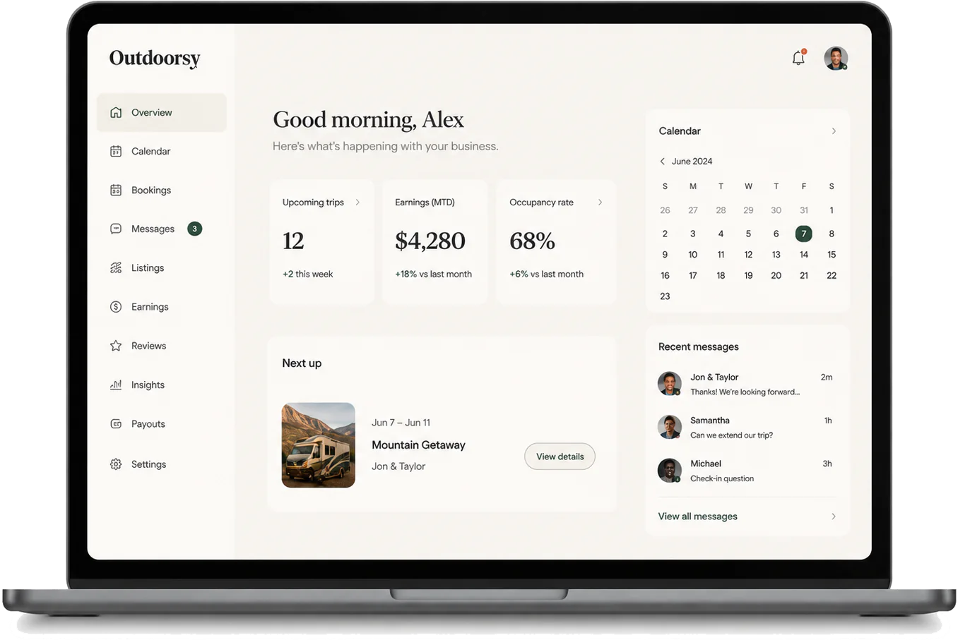 A laptop with the host dashboard: Good morning, Alex, twelve upcoming trips, $4,280 earned month to date, 68 percent occupancy, a June calendar, the next trip and recent messages