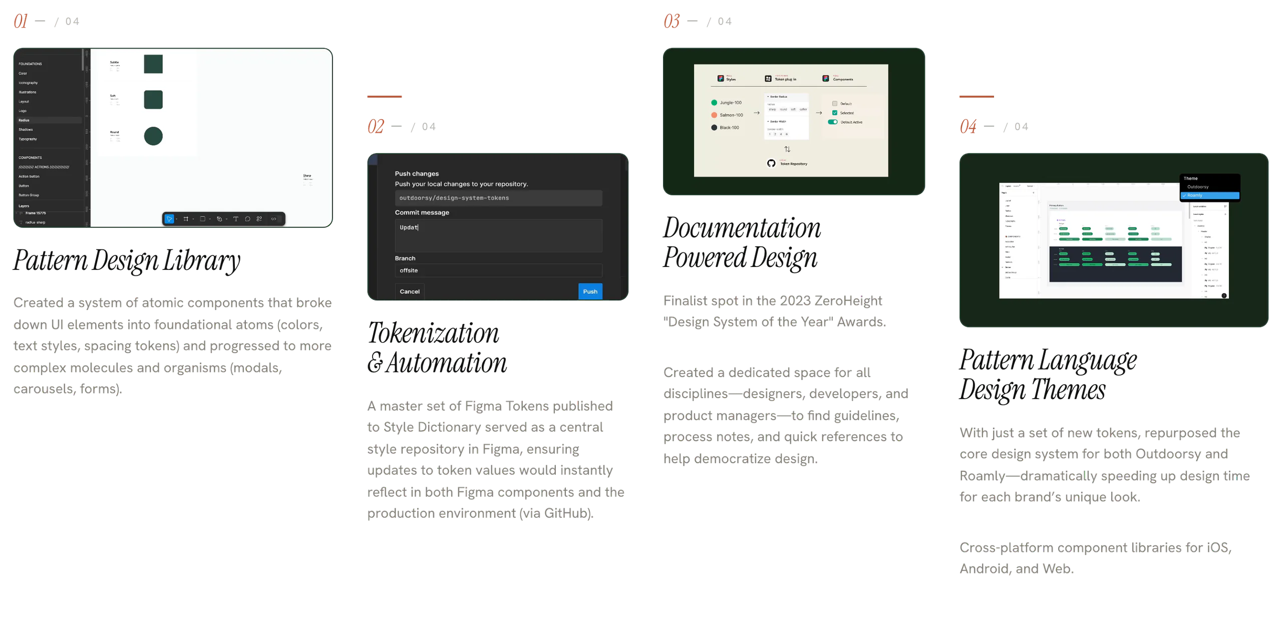 Four cards from the system overview: Pattern Design Library, Tokenization and Automation, Documentation Powered Design, Pattern Language Design Themes