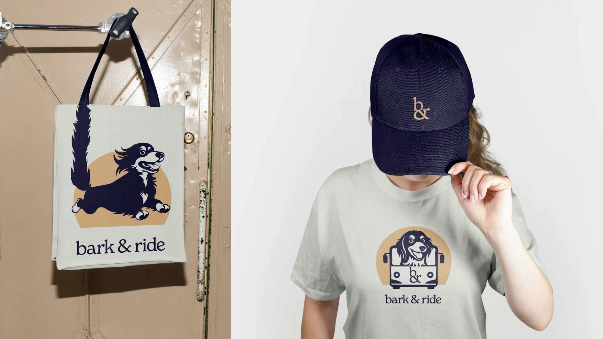 Tote, cap and tee: the crest on apparel.