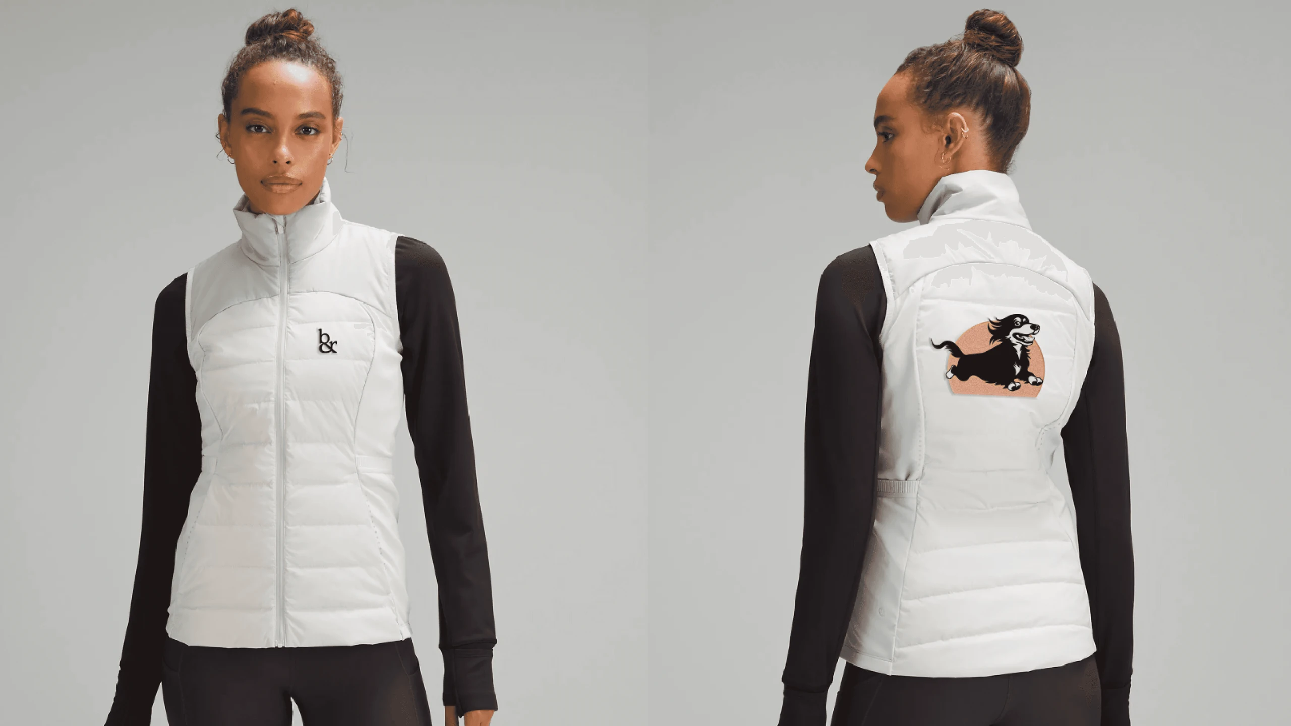 Bark & Ride insulated vest shown from the front and the back, with the b&r monogram on the chest and the dog crest across the shoulders