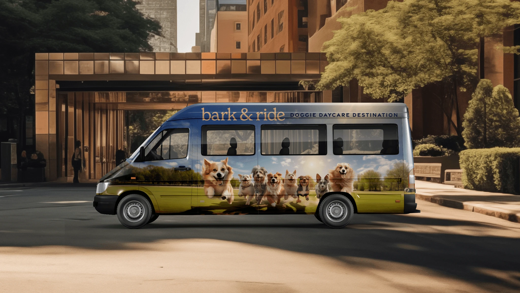 A wrapped Bark & Ride shuttle van parked outside an apartment building, its flank printed with a row of dogs in a park