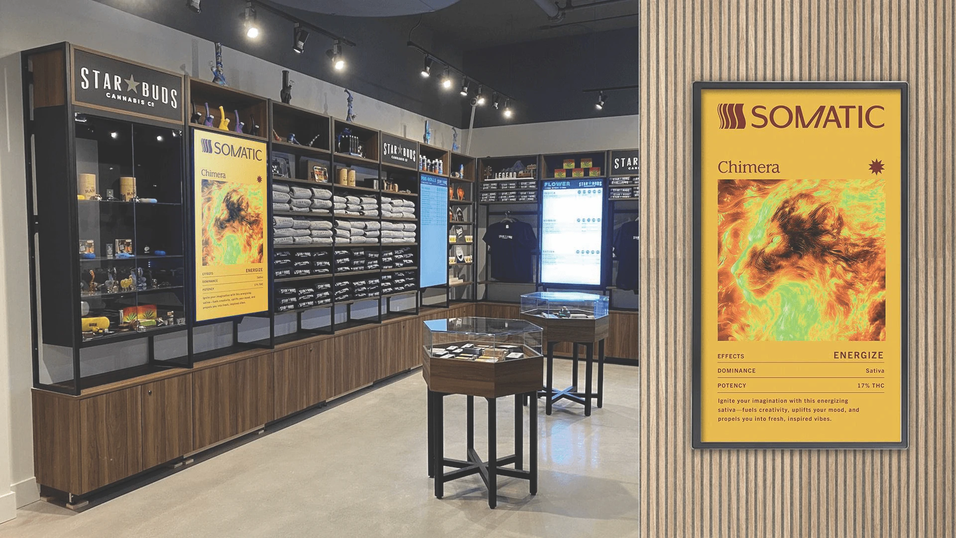A dispensary interior with Somatic panels along the back bar, next to a framed yellow Chimera strain card listing effects and potency