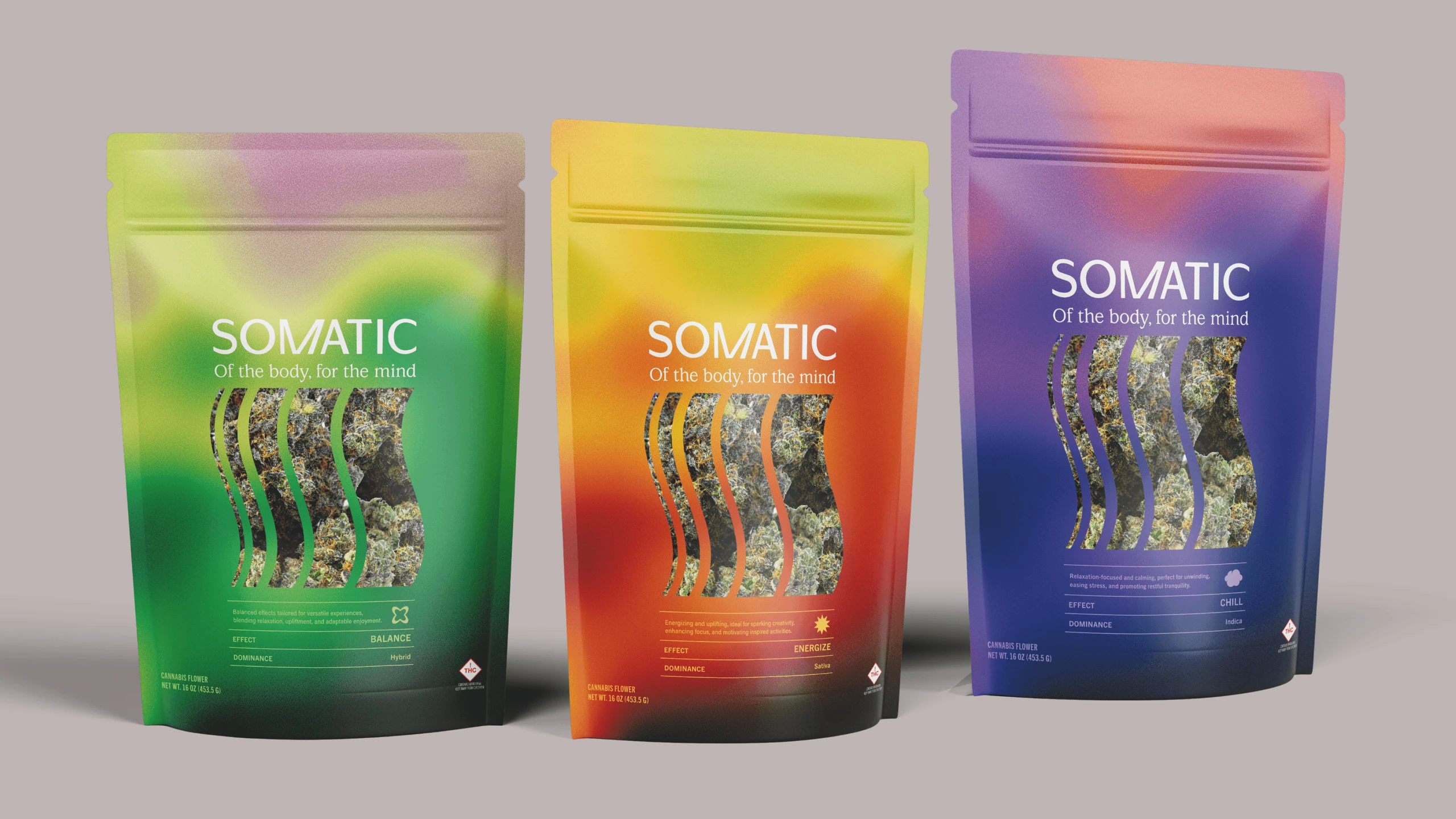 Three Somatic stand-up flower pouches in green, orange and violet thermal gradients, each carrying the wordmark and the brand line