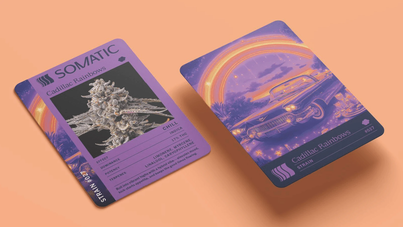 Two Cadillac Rainbows strain cards on a peach ground, one showing the flower and its data, the other a thermal illustration
