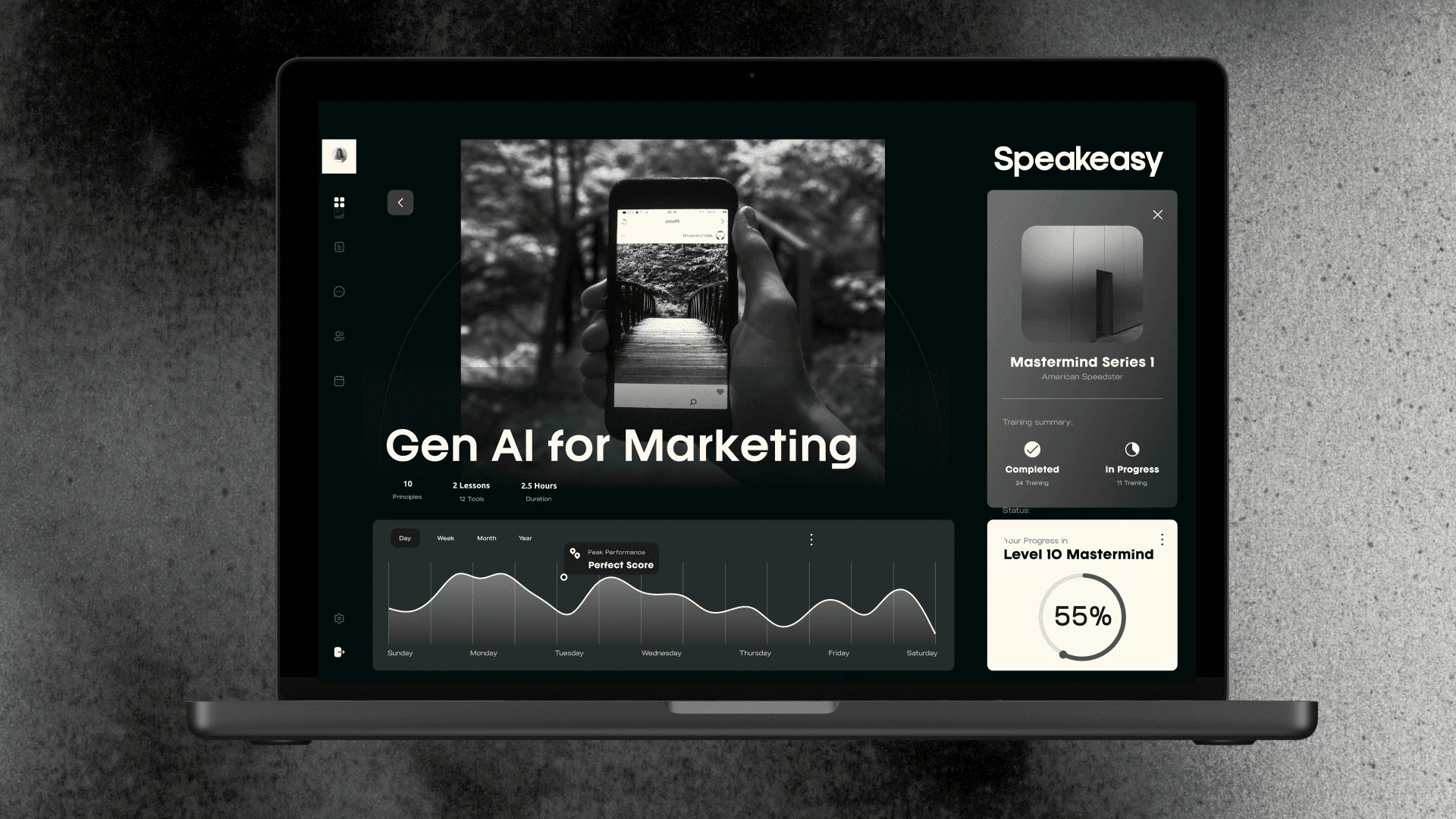 The Speakeasy member platform on a laptop: a Gen AI for Marketing mastermind, a weekly activity chart, a Mastermind Series panel and a Level 10 Mastermind progress ring at 55 percent.
