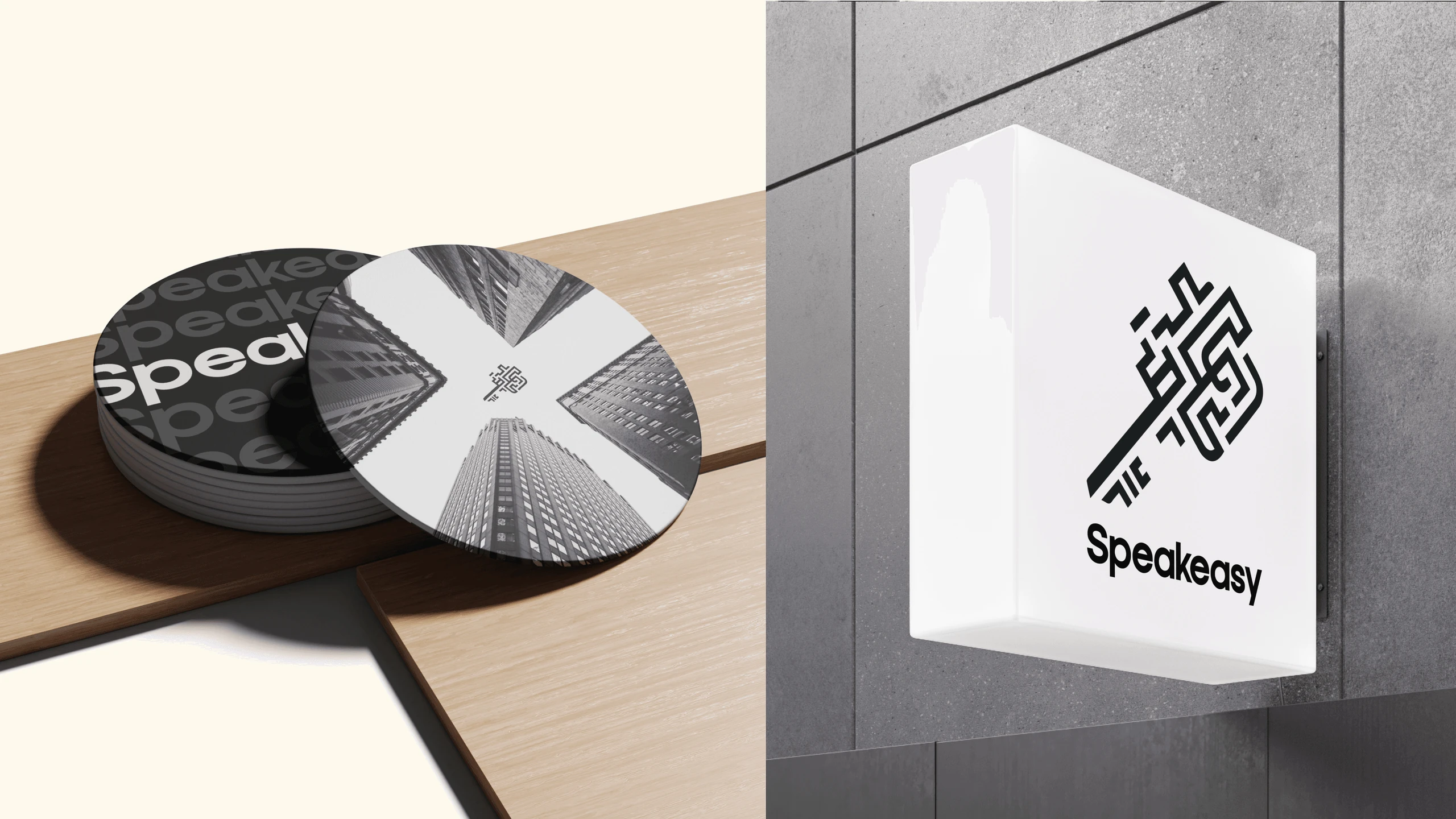Left: a stack of Speakeasy coasters on a wooden table. Right: an illuminated projecting sign carrying the maze monogram above the wordmark.