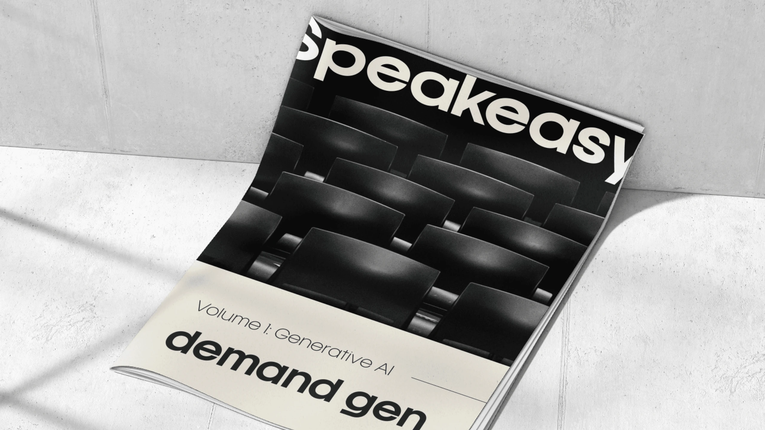 An open Speakeasy-branded printed volume, the cover reading “Volume I: Generative AI, demand gen”.