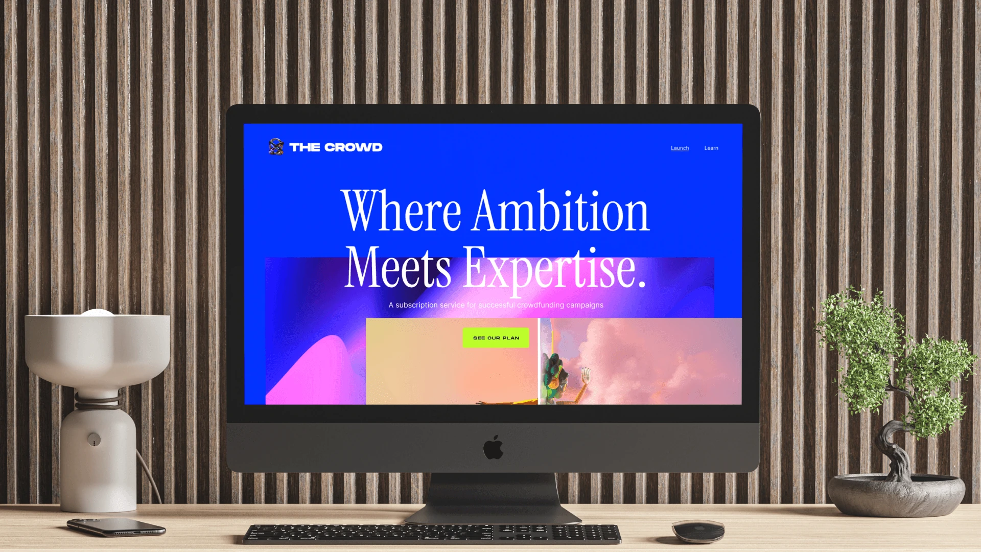 The Crowd marketing site on a desktop display, headline “Where Ambition Meets Expertise.” on Ocean blue with a lime call-to-action.