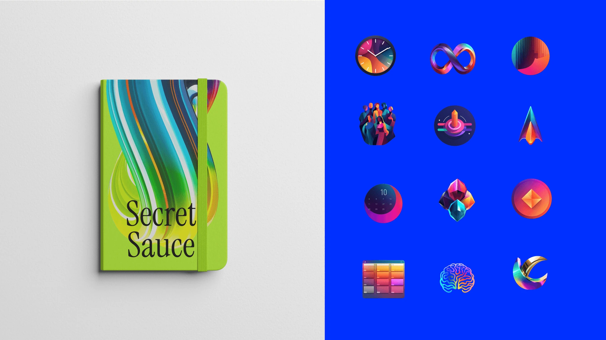 Left: a notebook titled “Secret Sauce” with an iridescent wrap. Right: a twelve-up grid of iridescent icons on Ocean blue.