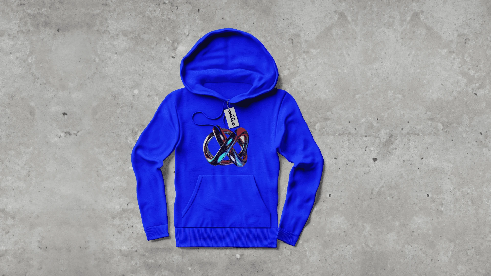 A blue hoodie against concrete carrying the iridescent knotted Crowd symbol at the chest.