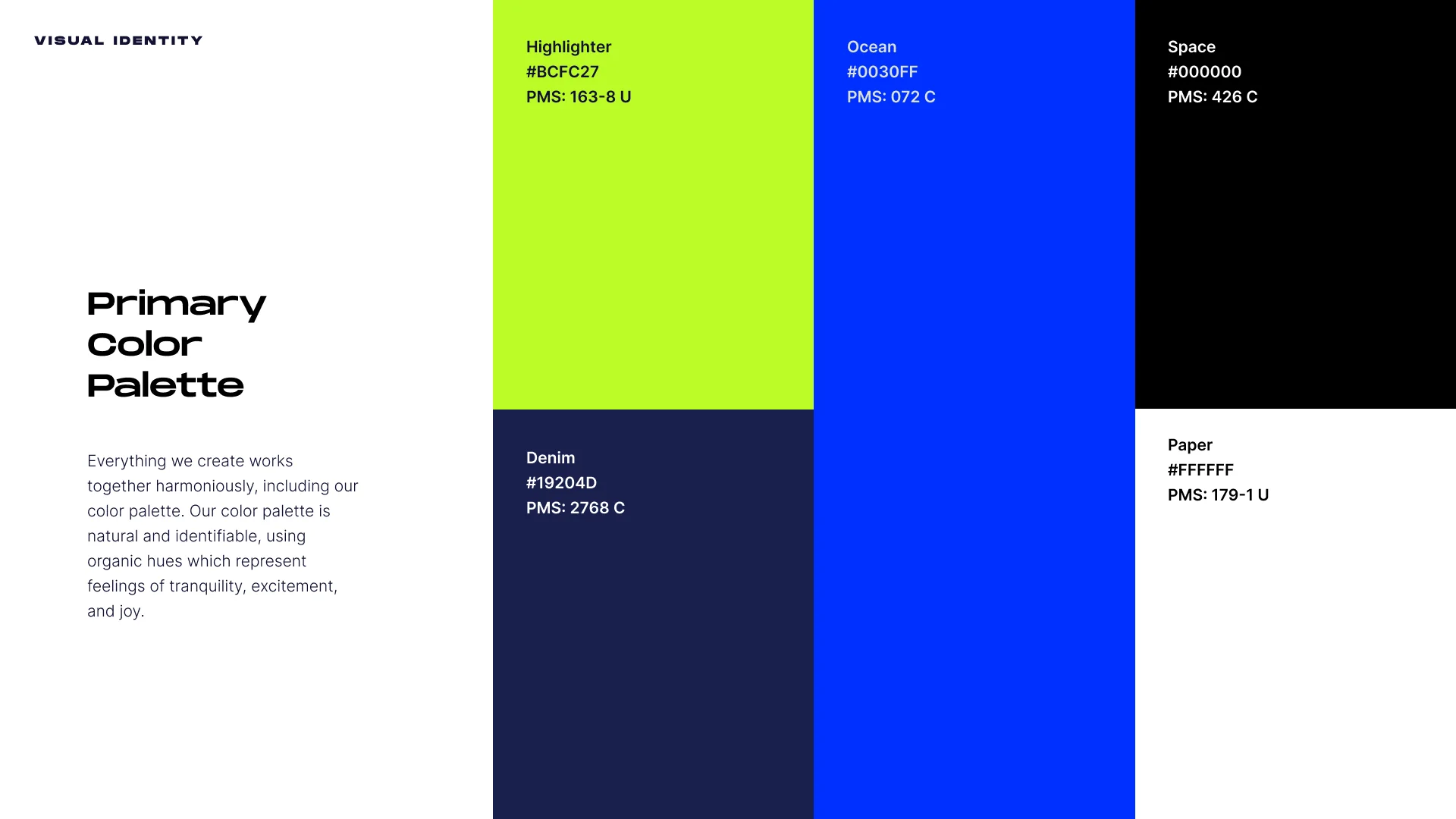 The primary palette: Highlighter, Ocean, Denim, Space, Paper.
