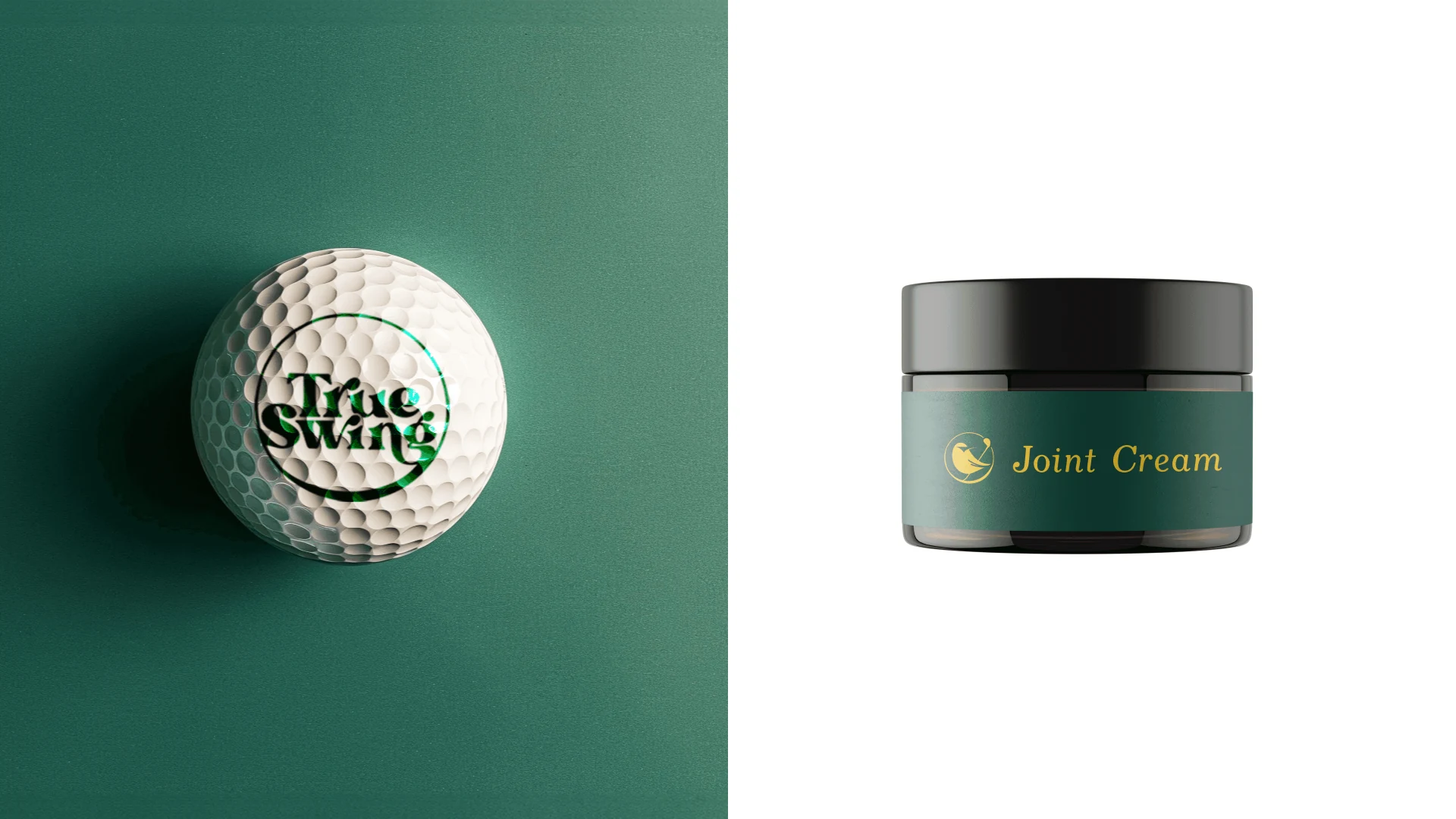 A golf ball printed with the circular badge on a flat green ground, beside a joint cream jar carrying the bird mark