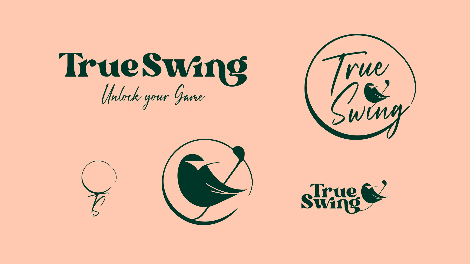 The identity suite on blush: a serif wordmark with the script line Unlock your Game, a circular badge lockup, a tee-and-ball monogram, and a bird-and-club mark