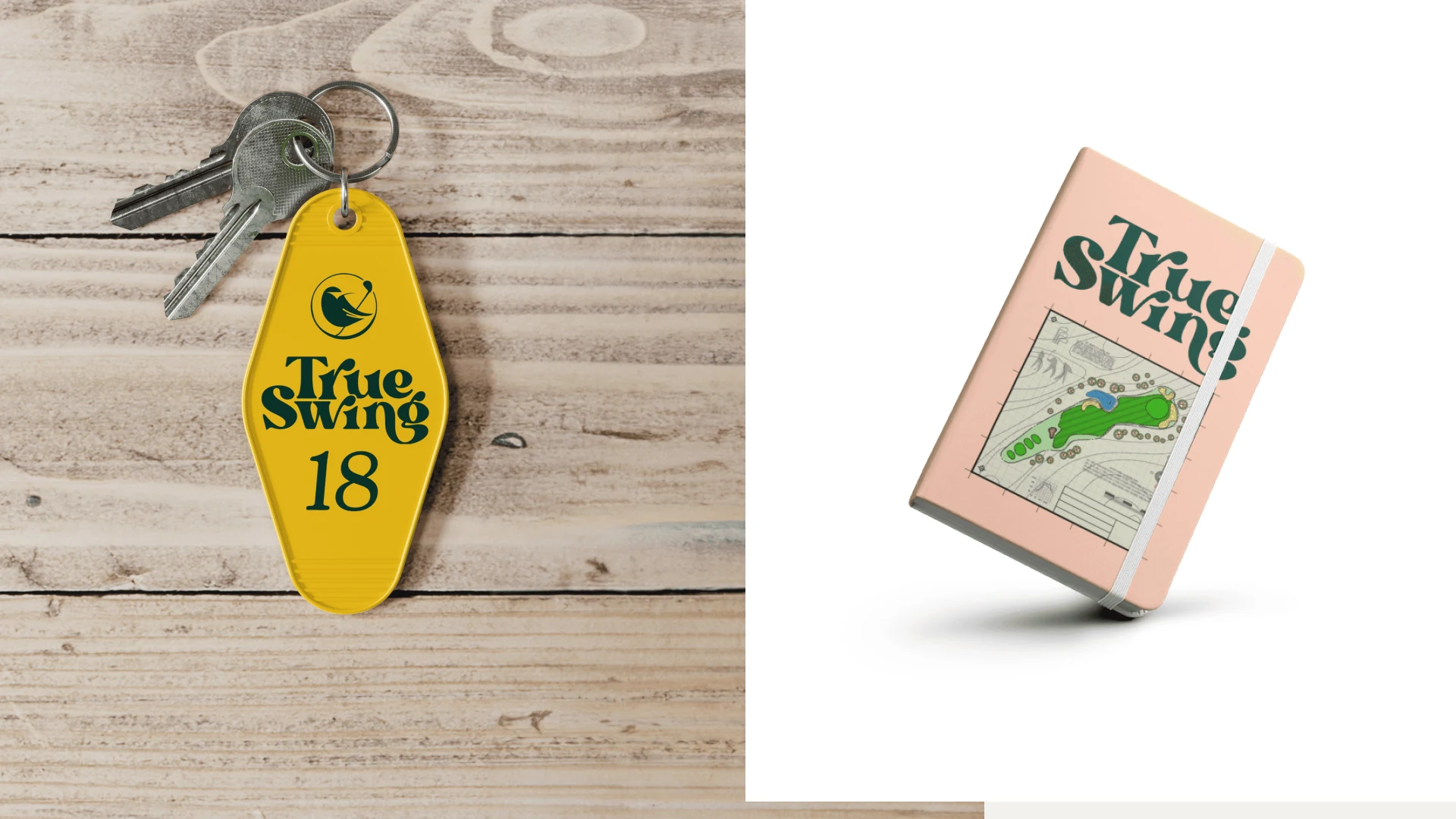 A yellow motel-tag keychain stamped True Swing 18, and a blush yardage book printed with a hand-drawn hole map