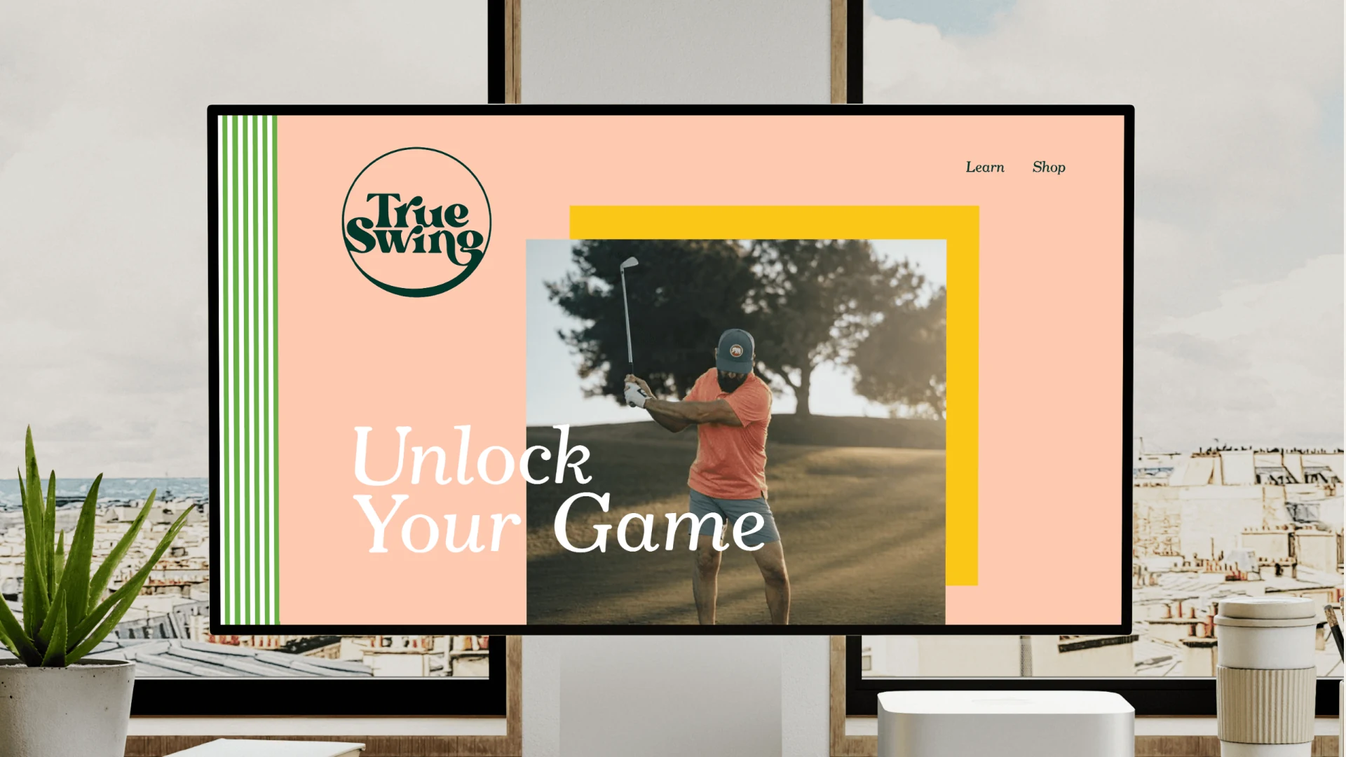 The True Swing site on a desktop monitor: blush field, Learn and Shop navigation, and Unlock Your Game set over a swing photograph