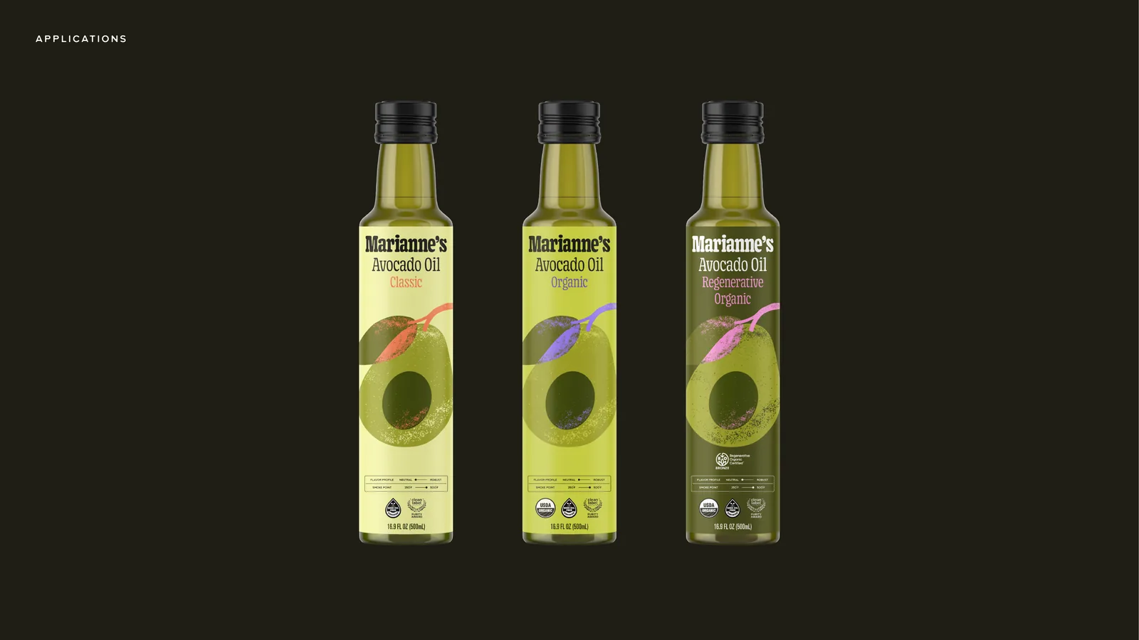 Three avocado oil bottles, Classic, Organic and Regenerative Organic, on the brand book’s dark ground