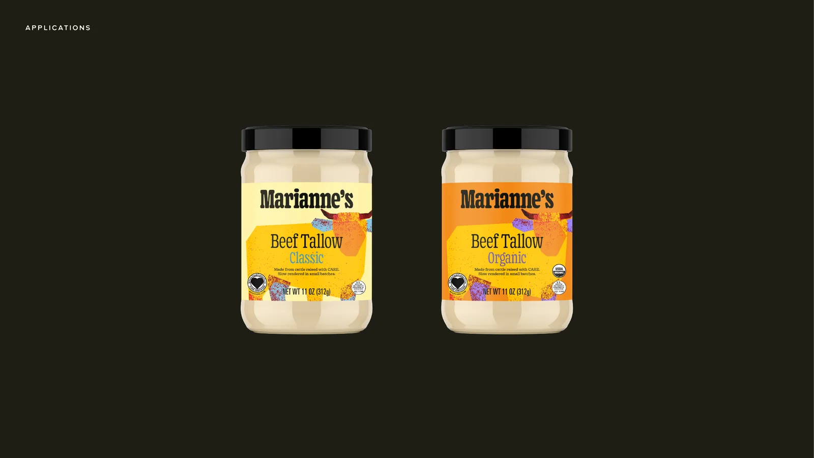 Two beef tallow jars, Classic and Organic, with the yellow labels