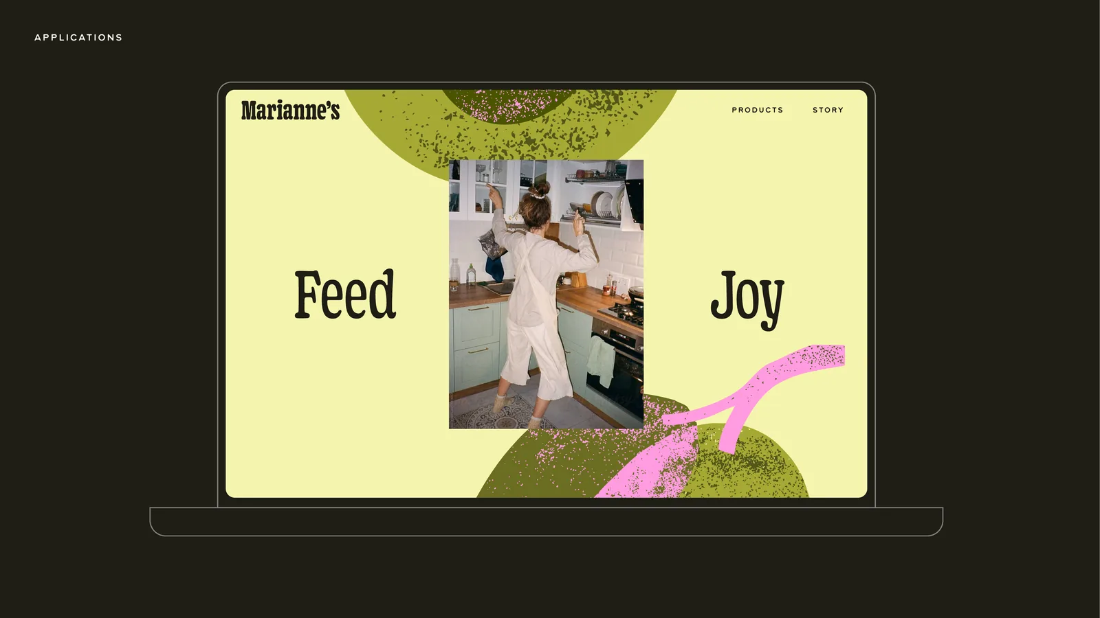 The Feed Joy homepage on a laptop: a cook dancing in a kitchen between the two words