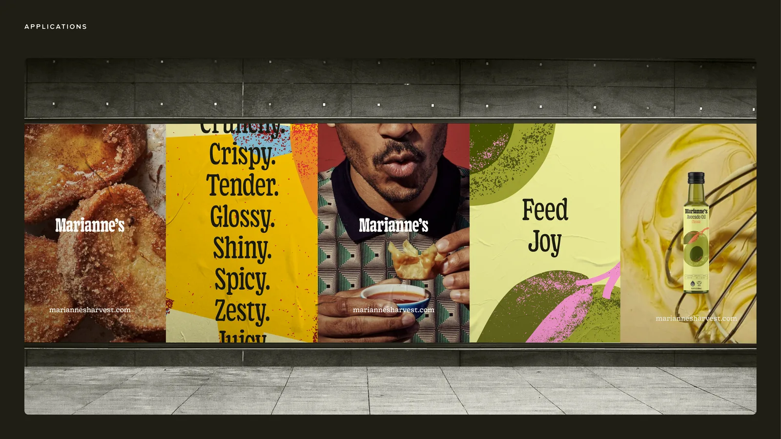 A subway wall of wild-posted sheets: churros, the adjective stack, a man with a dumpling, Feed Joy over an avocado, a bottle on a swirl of mayonnaise