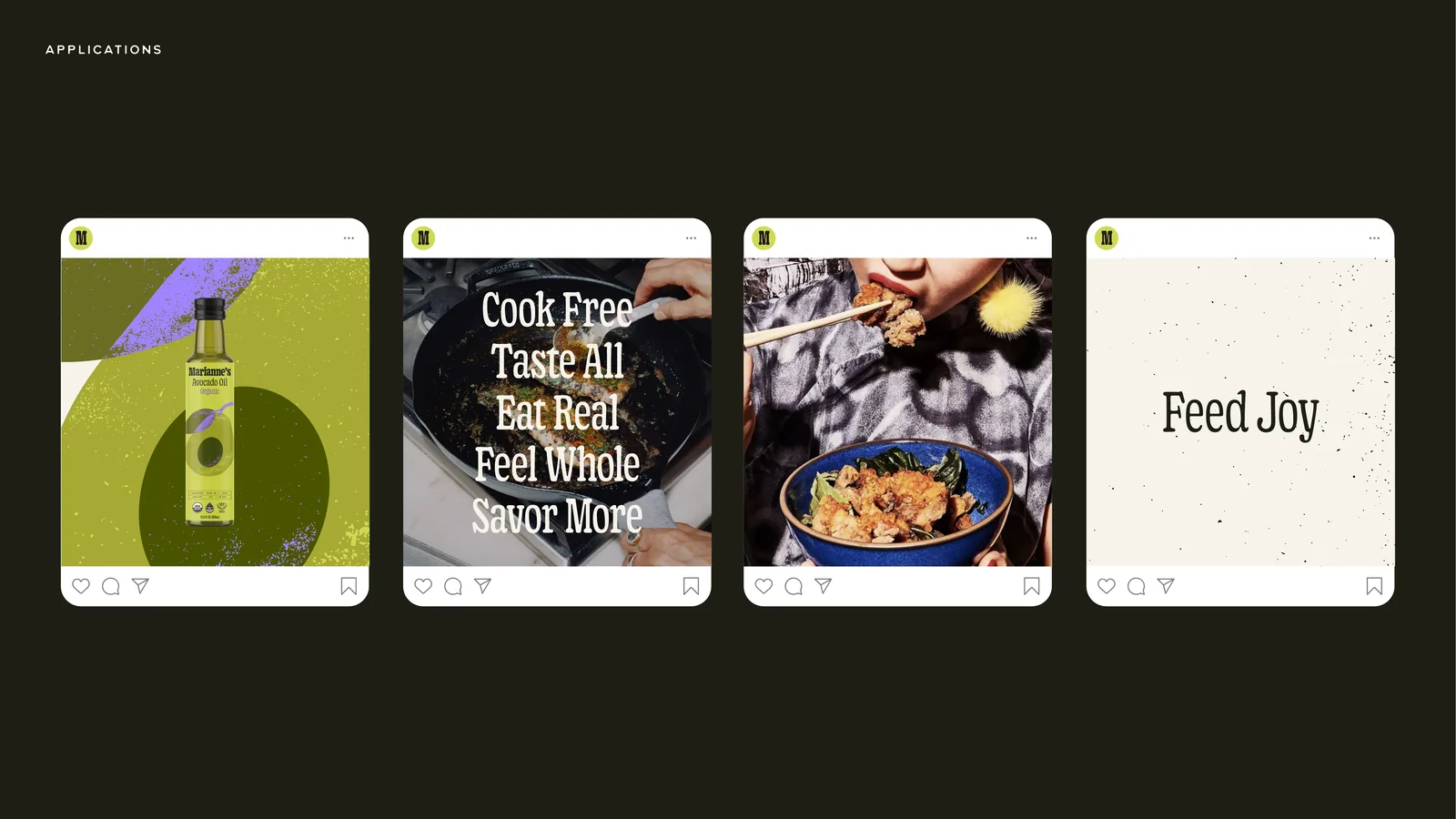 Four Instagram posts: the bottle on green, Cook Free Taste All Eat Real Feel Whole Savor More, a dish being dressed, Feed Joy on cream