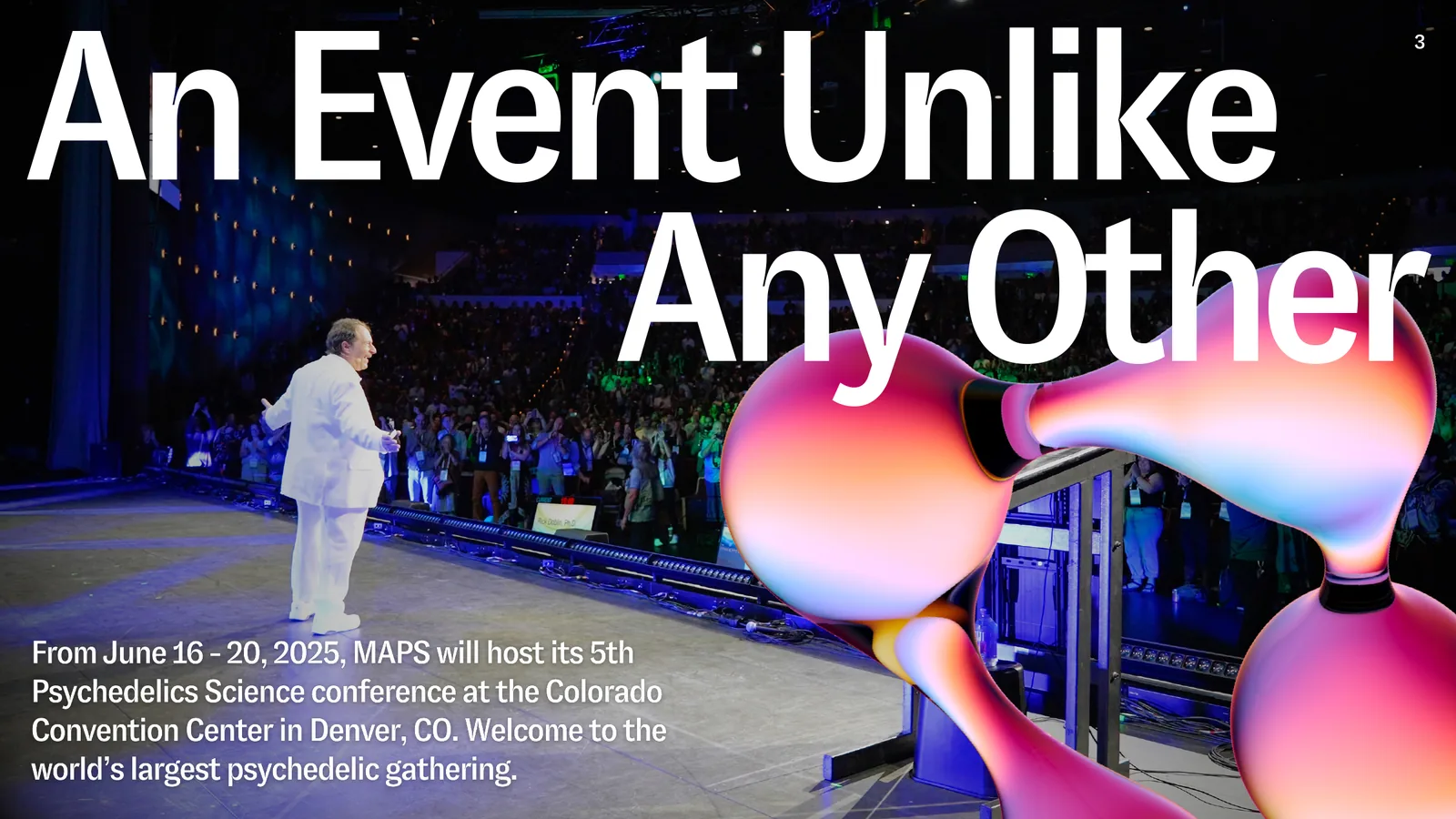 An event unlike any other: a speaker on the keynote stage under the molecule sculpture
