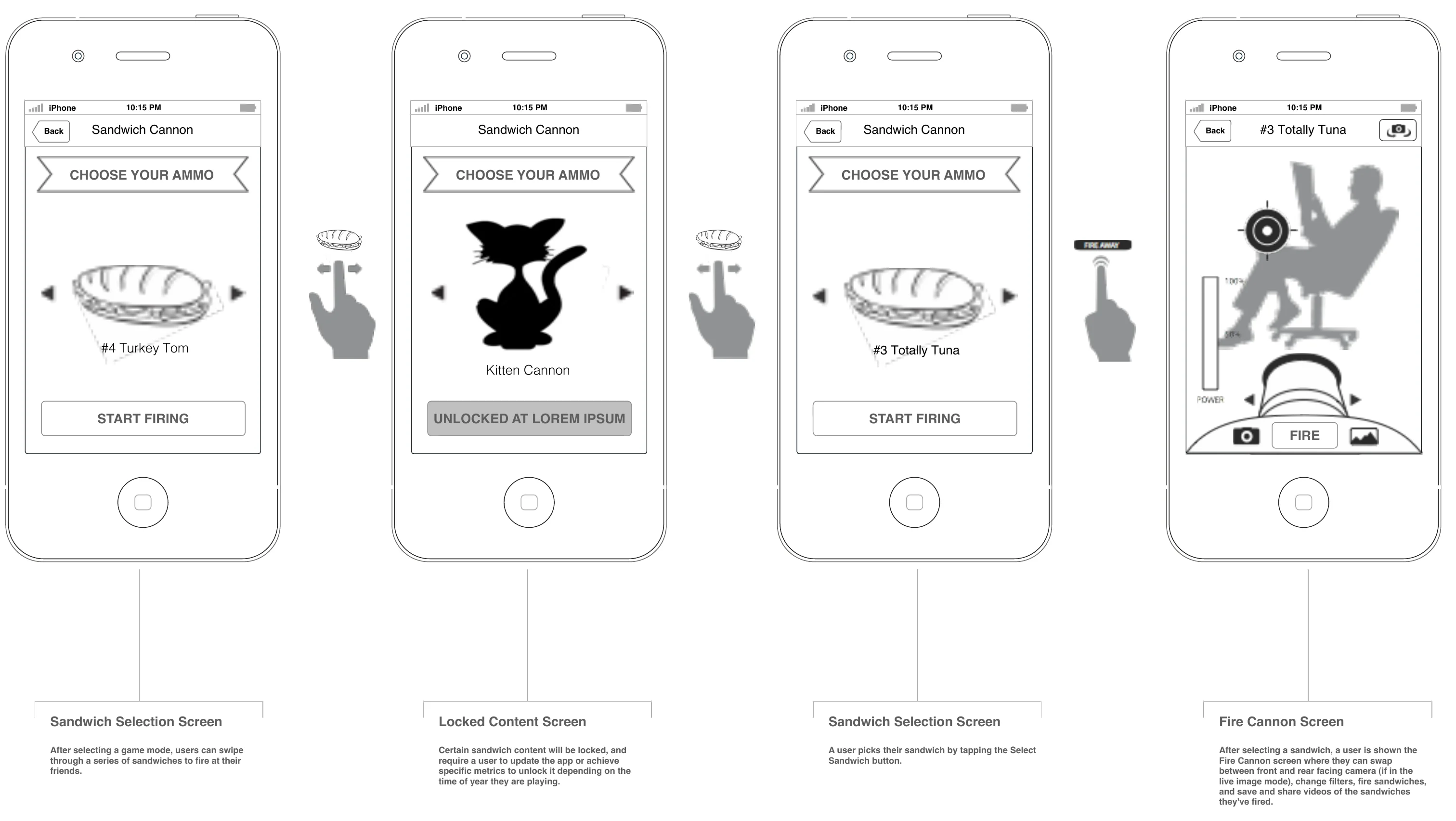 Wireframes: choosing a sandwich as ammunition.