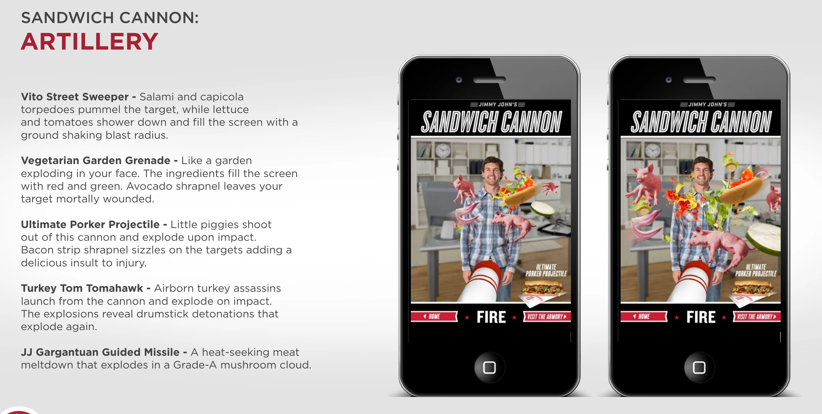 The artillery: each sandwich as a different type of ammunition.