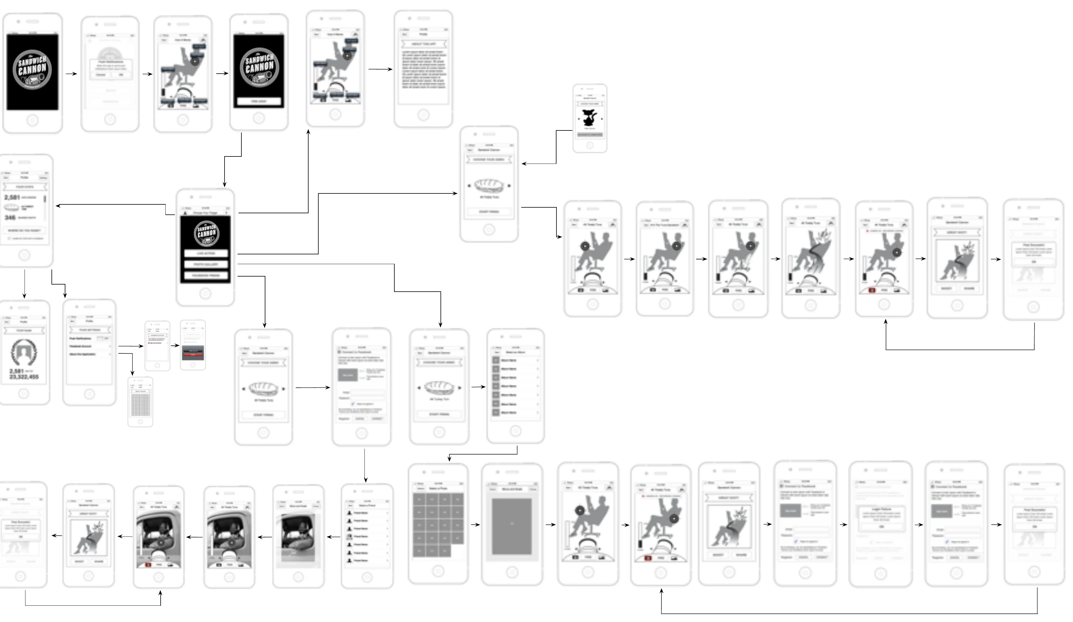 The visual user flow: every screen in the app and how they connect. My information architecture.