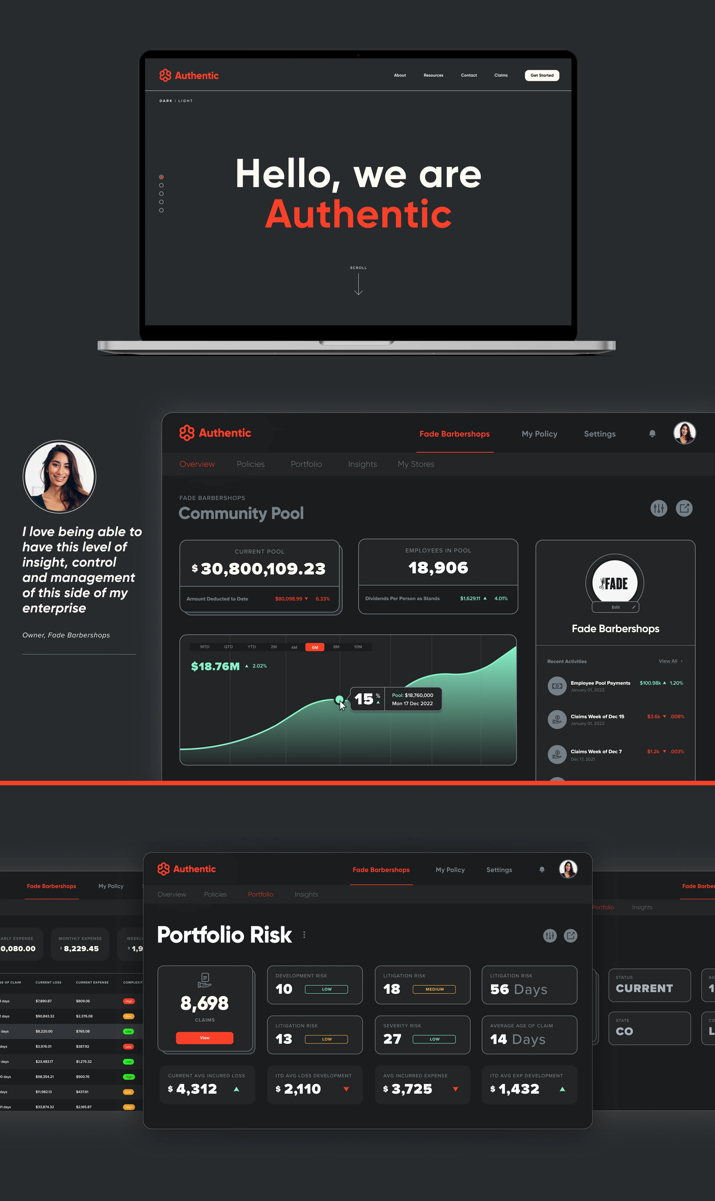 The splash site, Hello, we are Authentic, over the community pool and portfolio risk dashboards