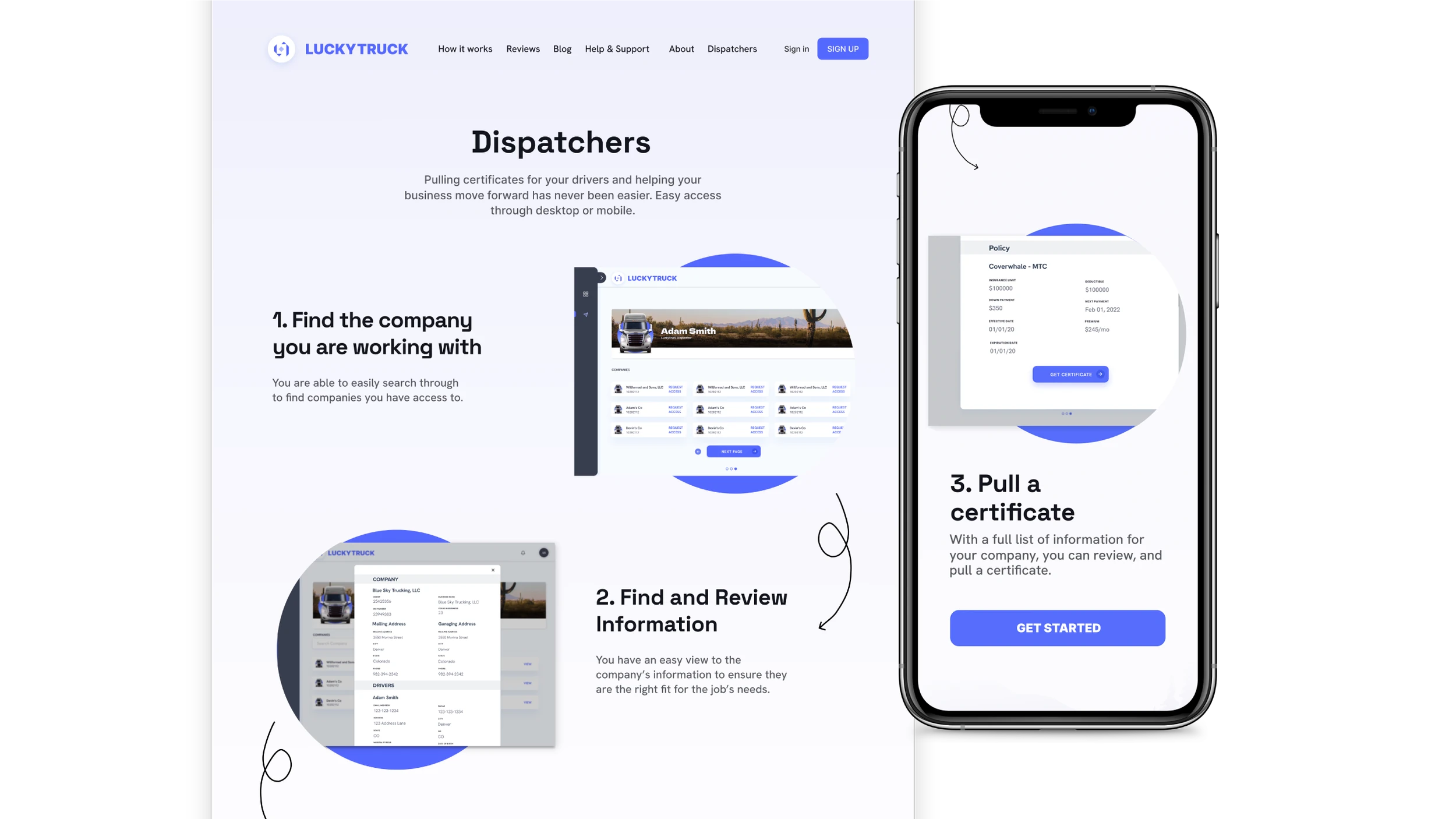 The Dispatchers page in three numbered steps, ending in pull a certificate, beside a phone