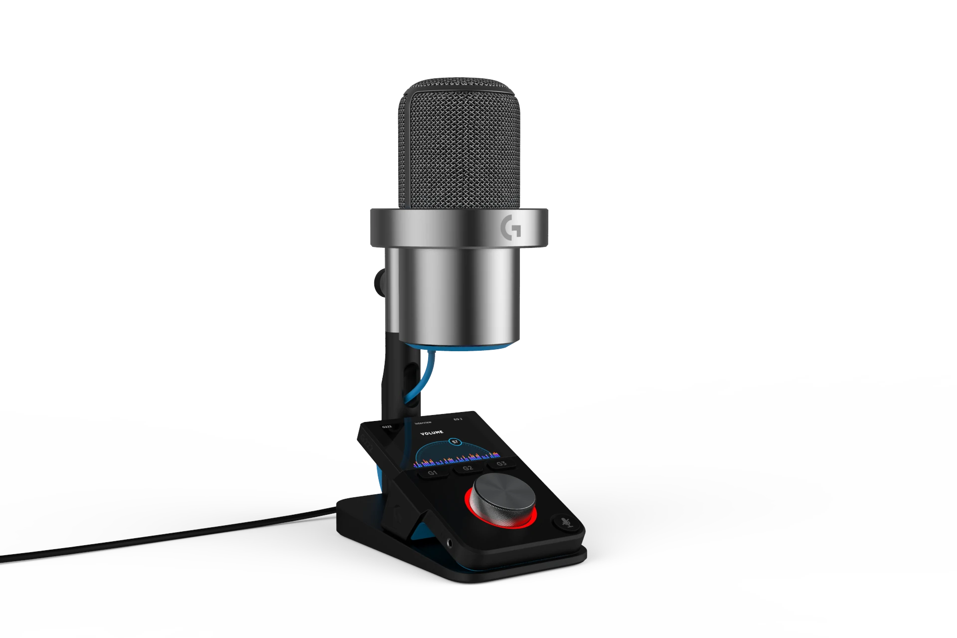 The Banshee mic on its base from the side, cabled, the ring lit red