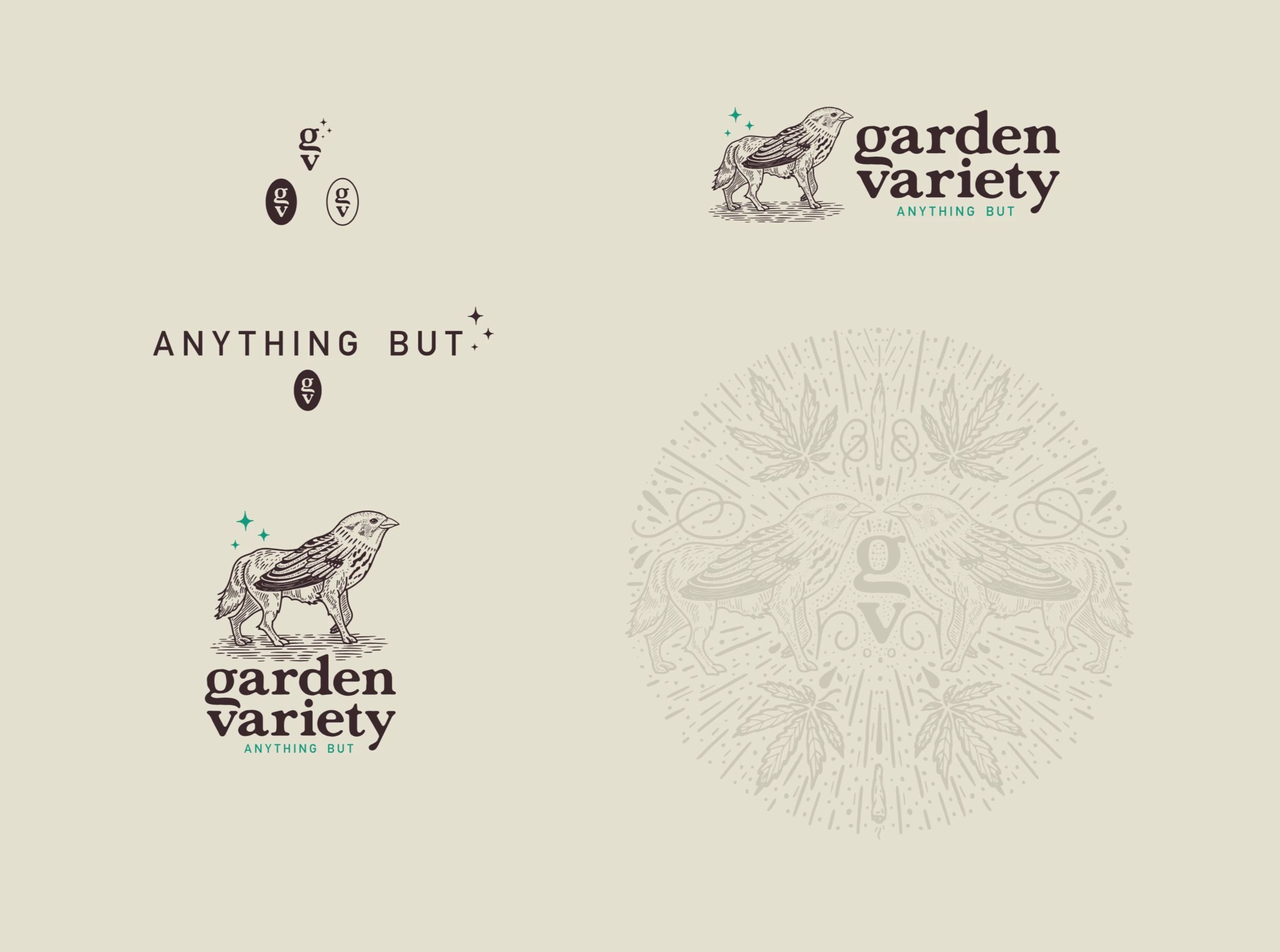 The wordmark sheet: garden variety in a serif beside the line-drawn bird, the Anything But lockup, and the botanical roundel with the g v monogram