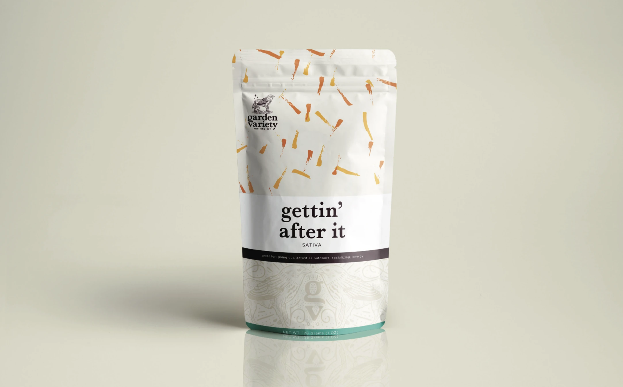 A stand-up pouch in cream with the pattern in gold and the line gettin' after it
