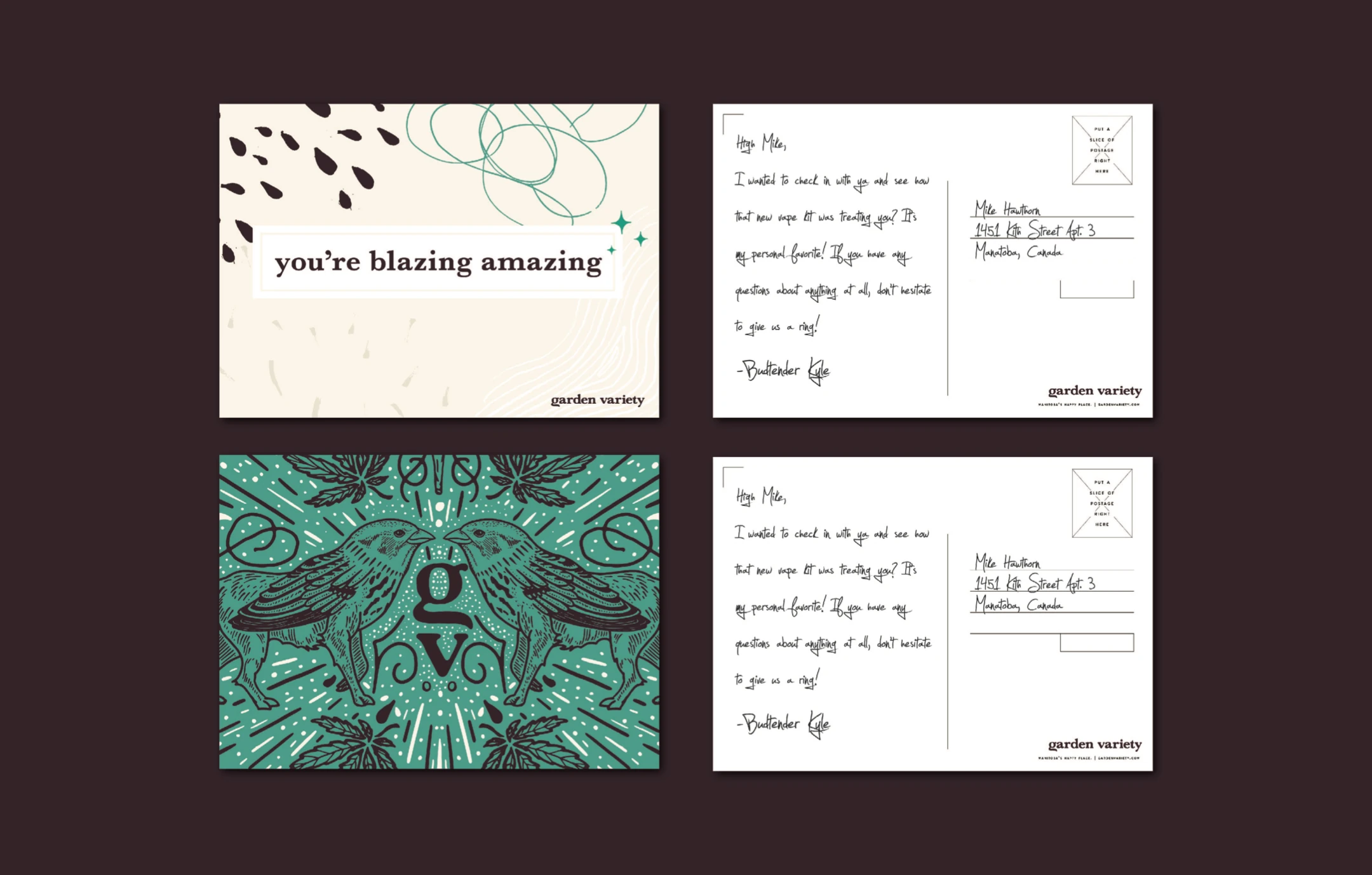 Cards printed with the botanical pattern in teal, the monogram at the centre