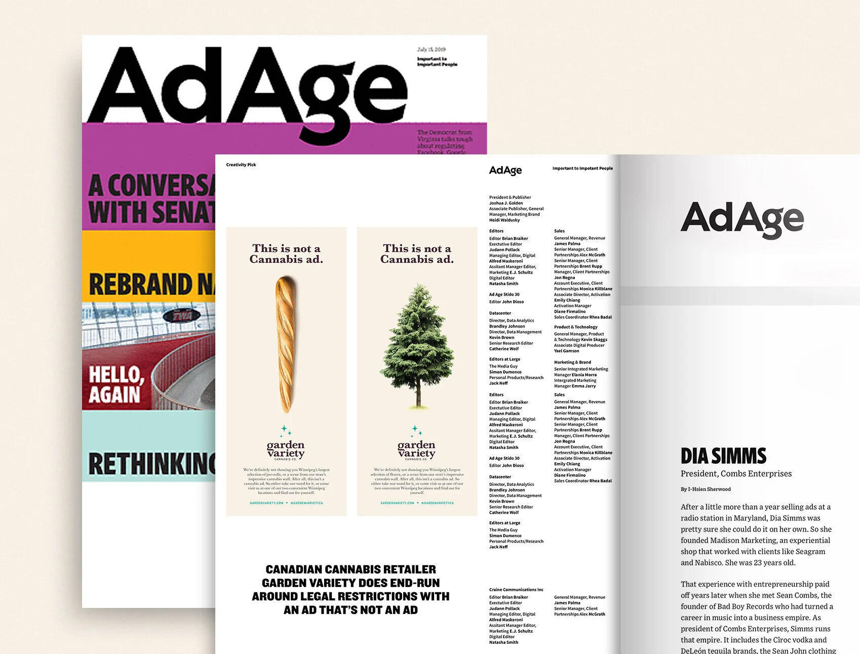 The Advertising Age spread on the campaign, with the pine tree and baguette ads reproduced