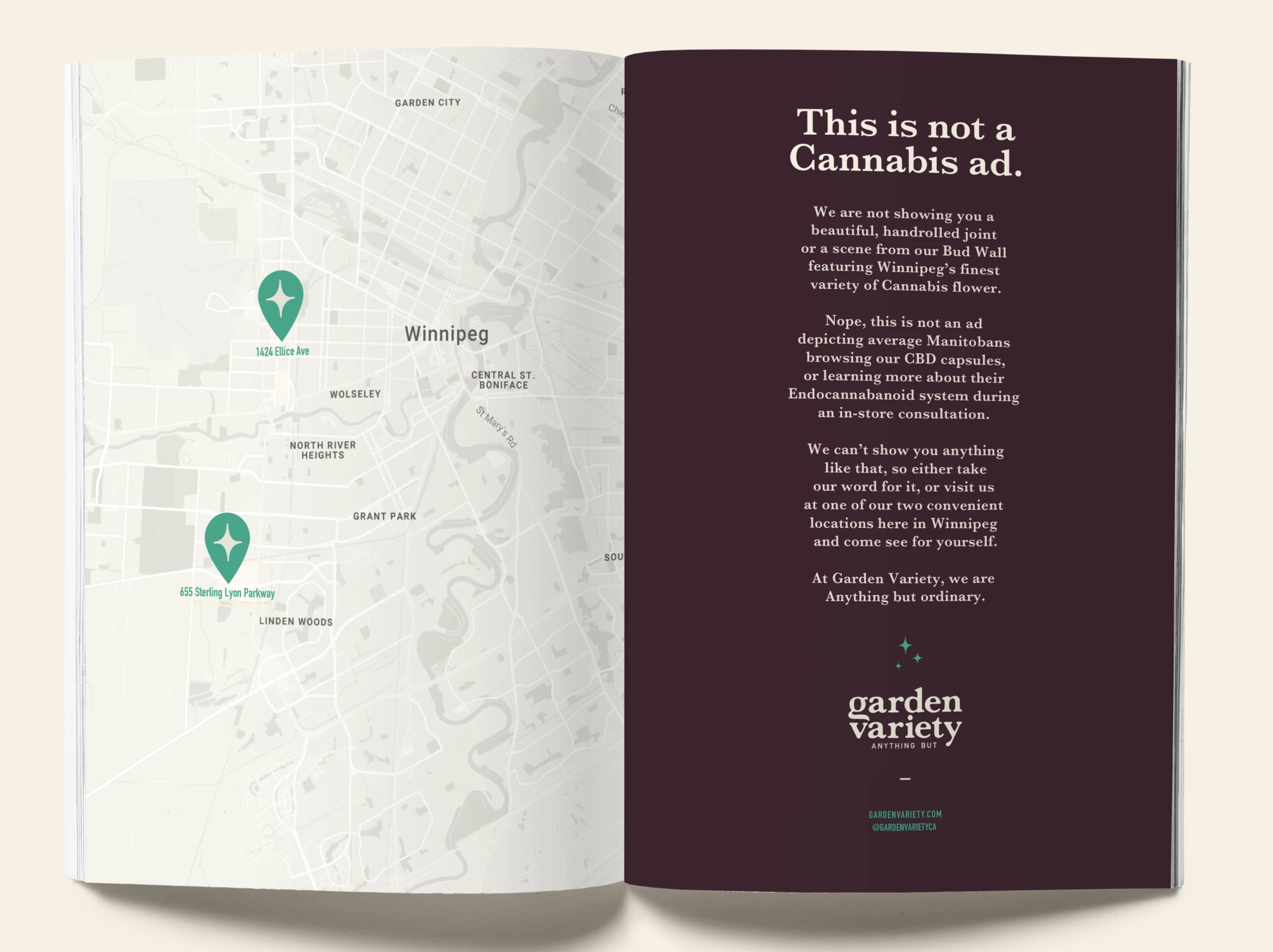The store brochure open to the map page, the This is not a Cannabis ad panel on the facing page