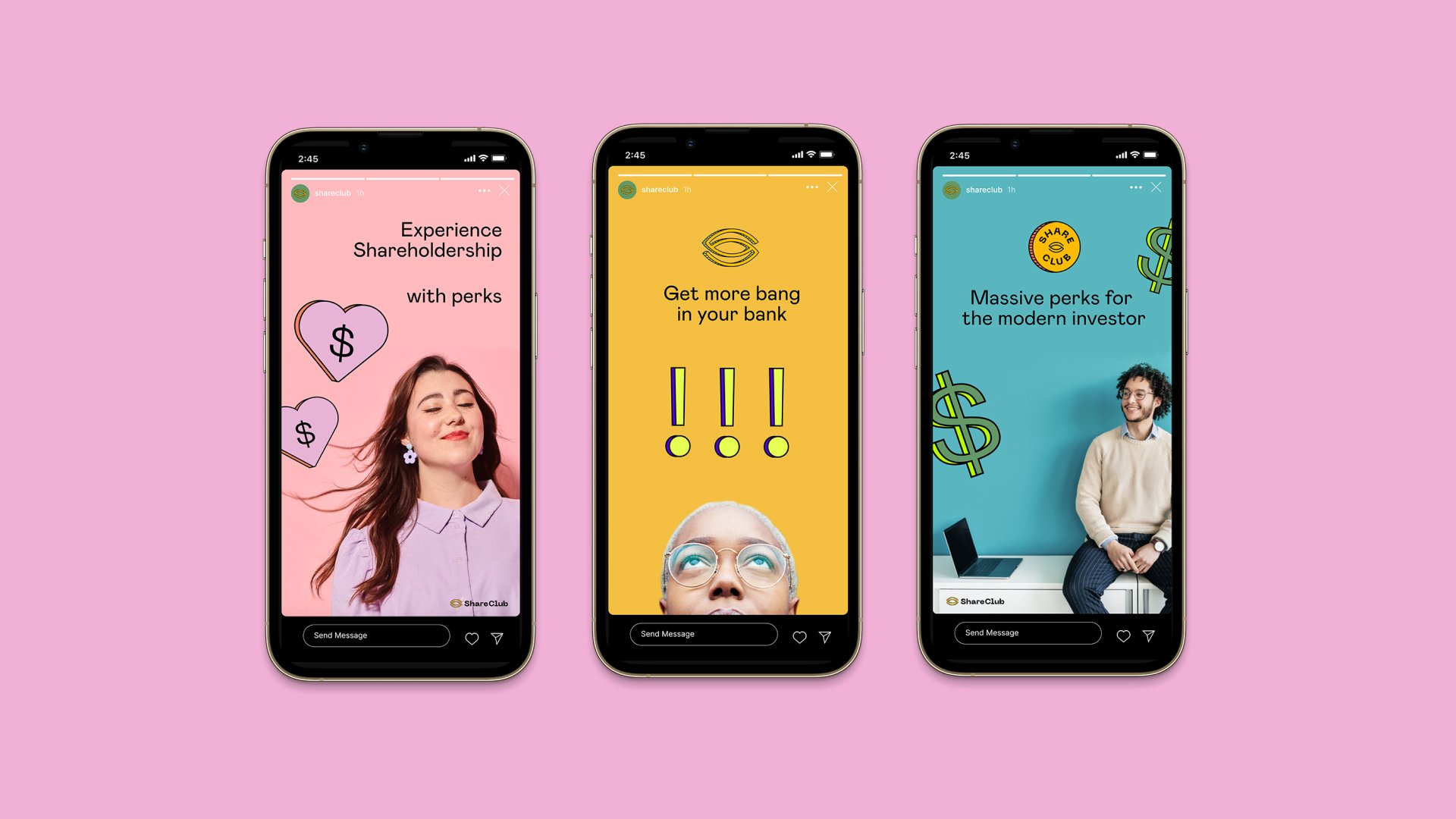 Three phones on pink: experience shareholdership with perks, get more bang in your bank, massive perks for the modern investor