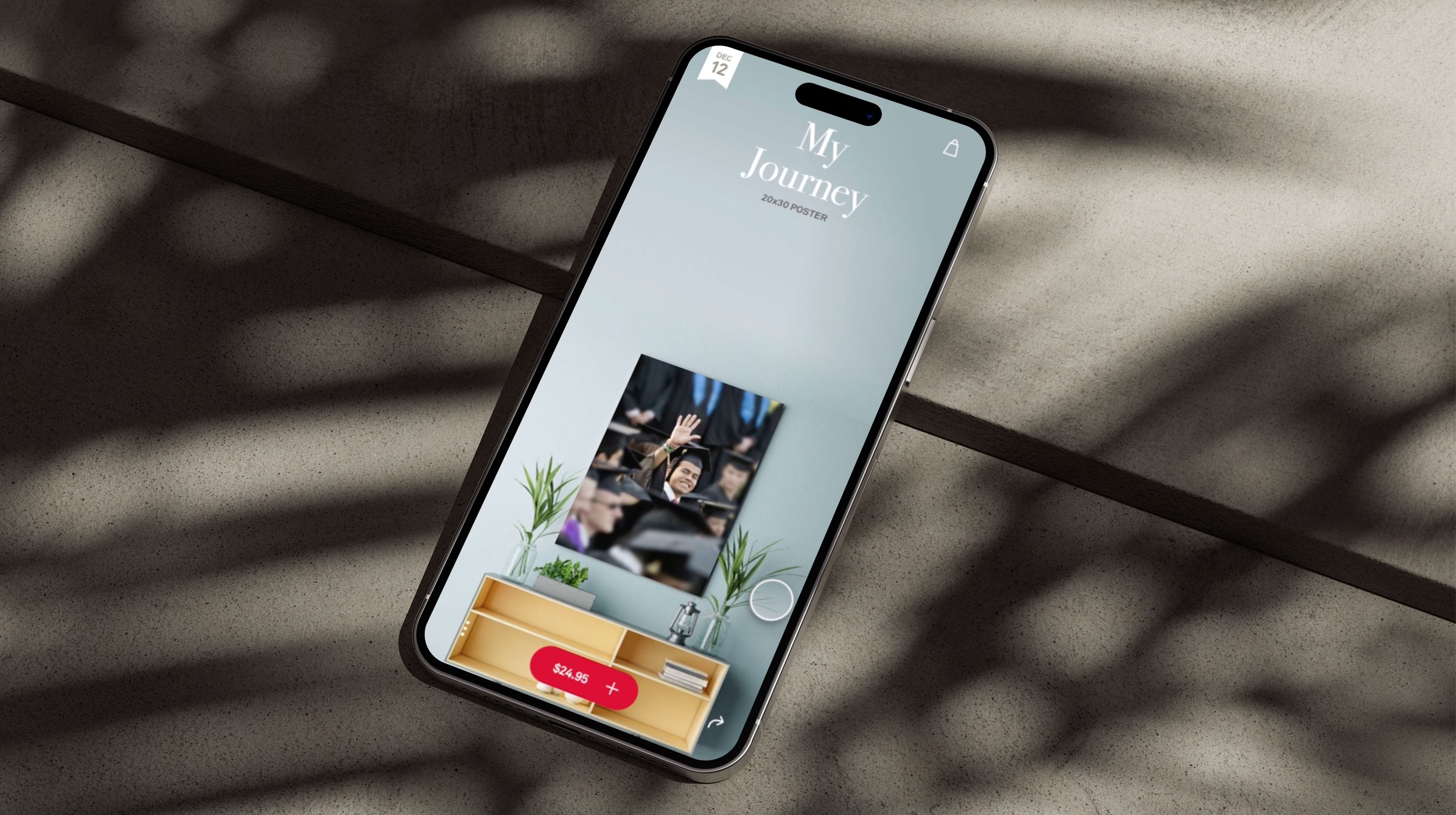 A phone on a wood table under dappled light, the My Journey moment on screen