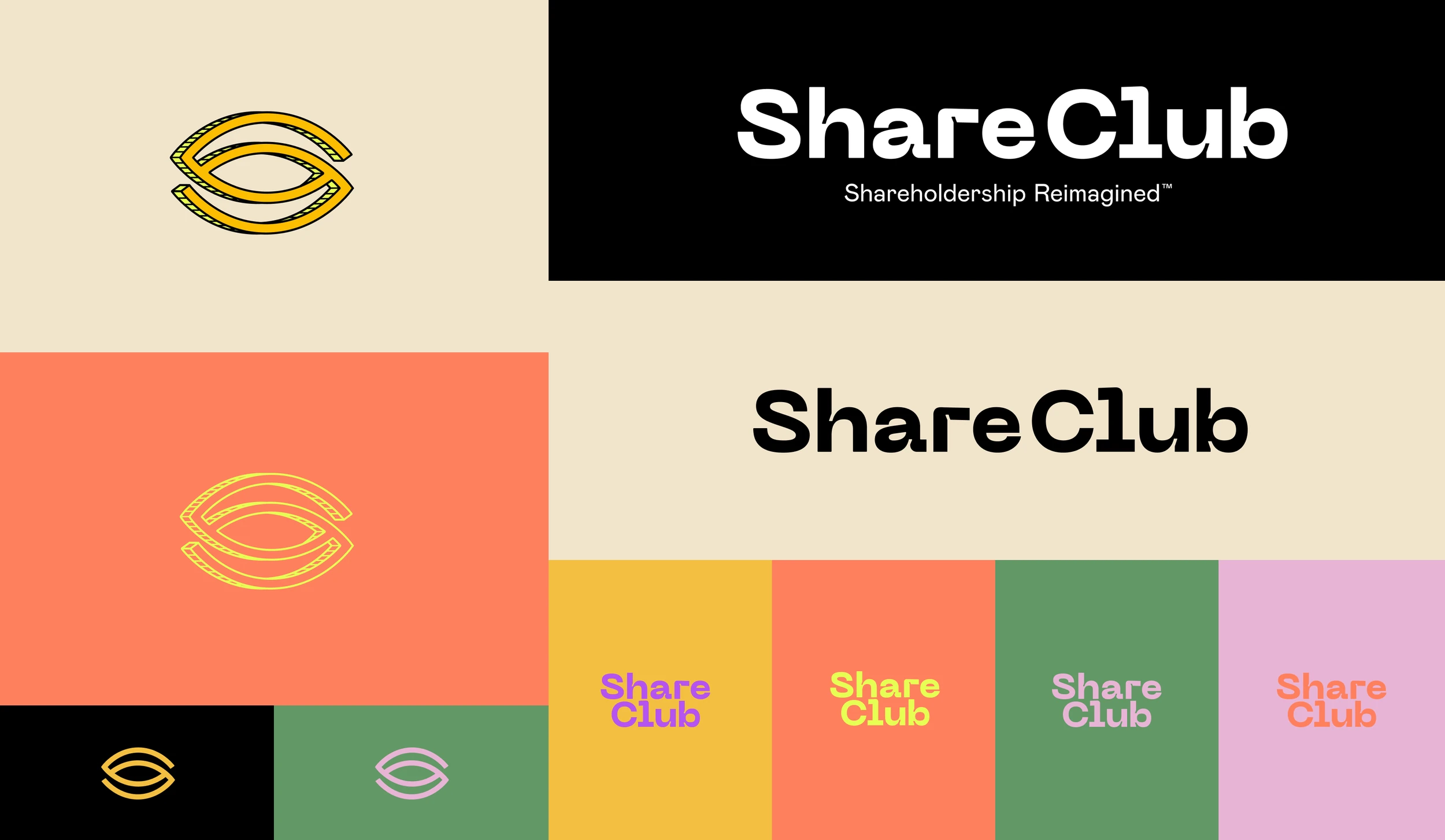 The ShareClub eye mark and wordmark sheet: mustard, black, coral and green versions
