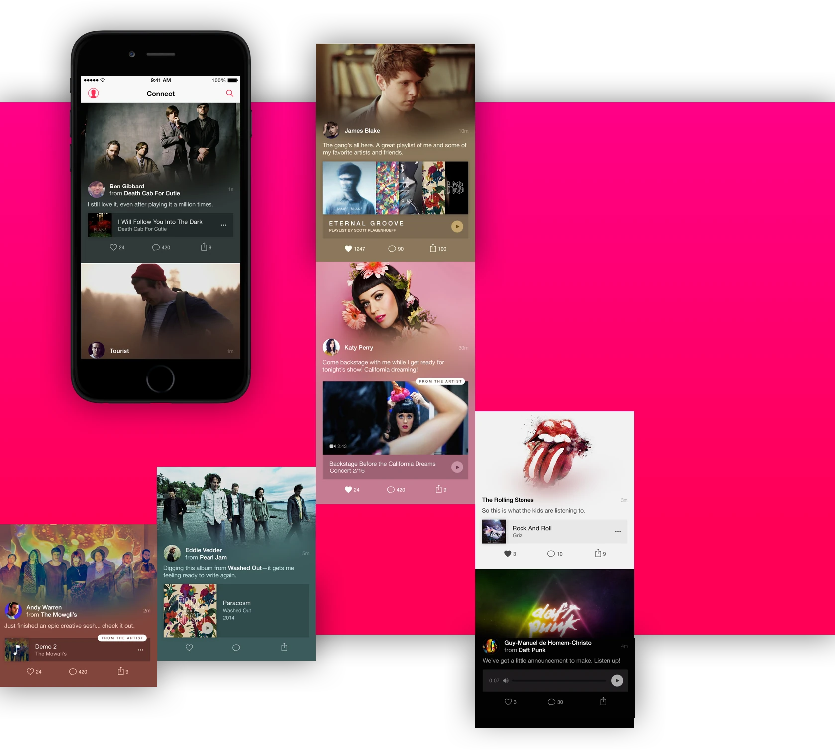 Two phones with the Connect feed, artist posts and album art, on a magenta plate